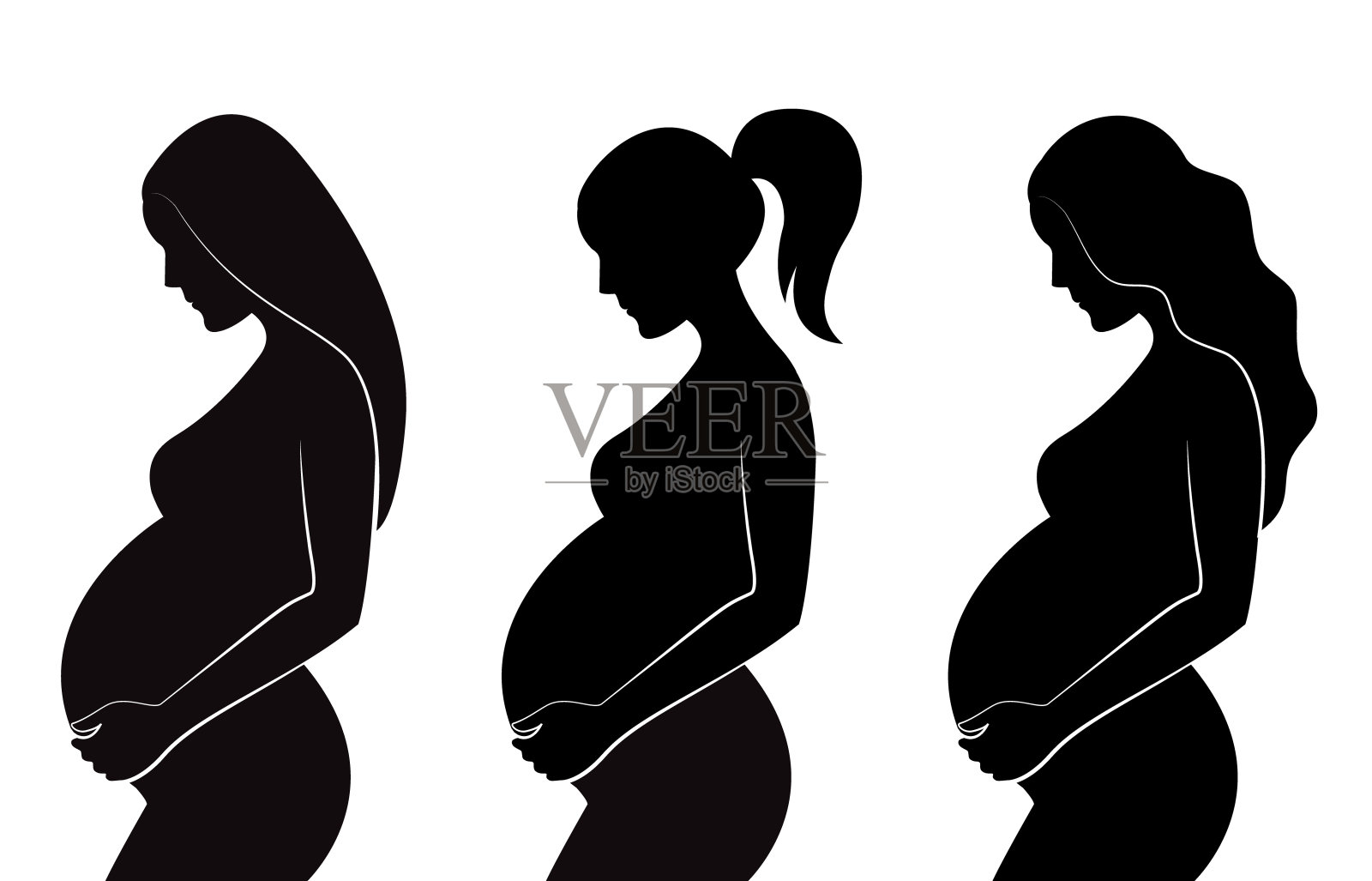 黑色剪影孕妇不同发型:直发，卷发，马尾辫。插画图片素材
