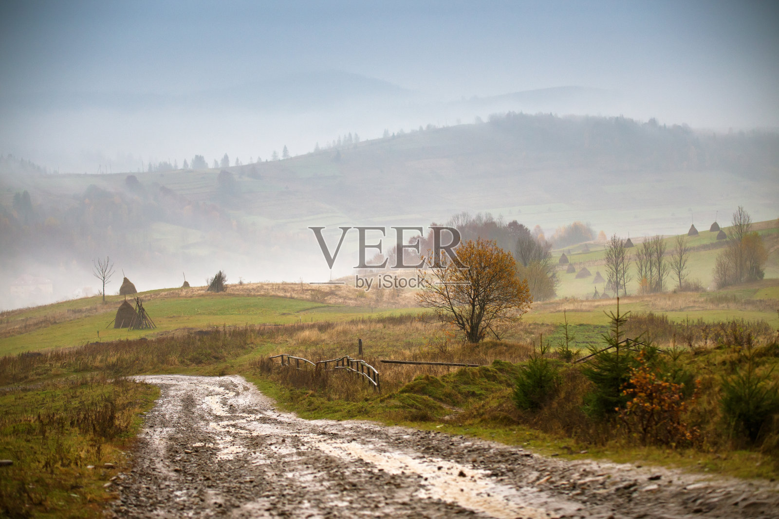 山中雨后泥泞的地面和乡村的道路。照片摄影图片