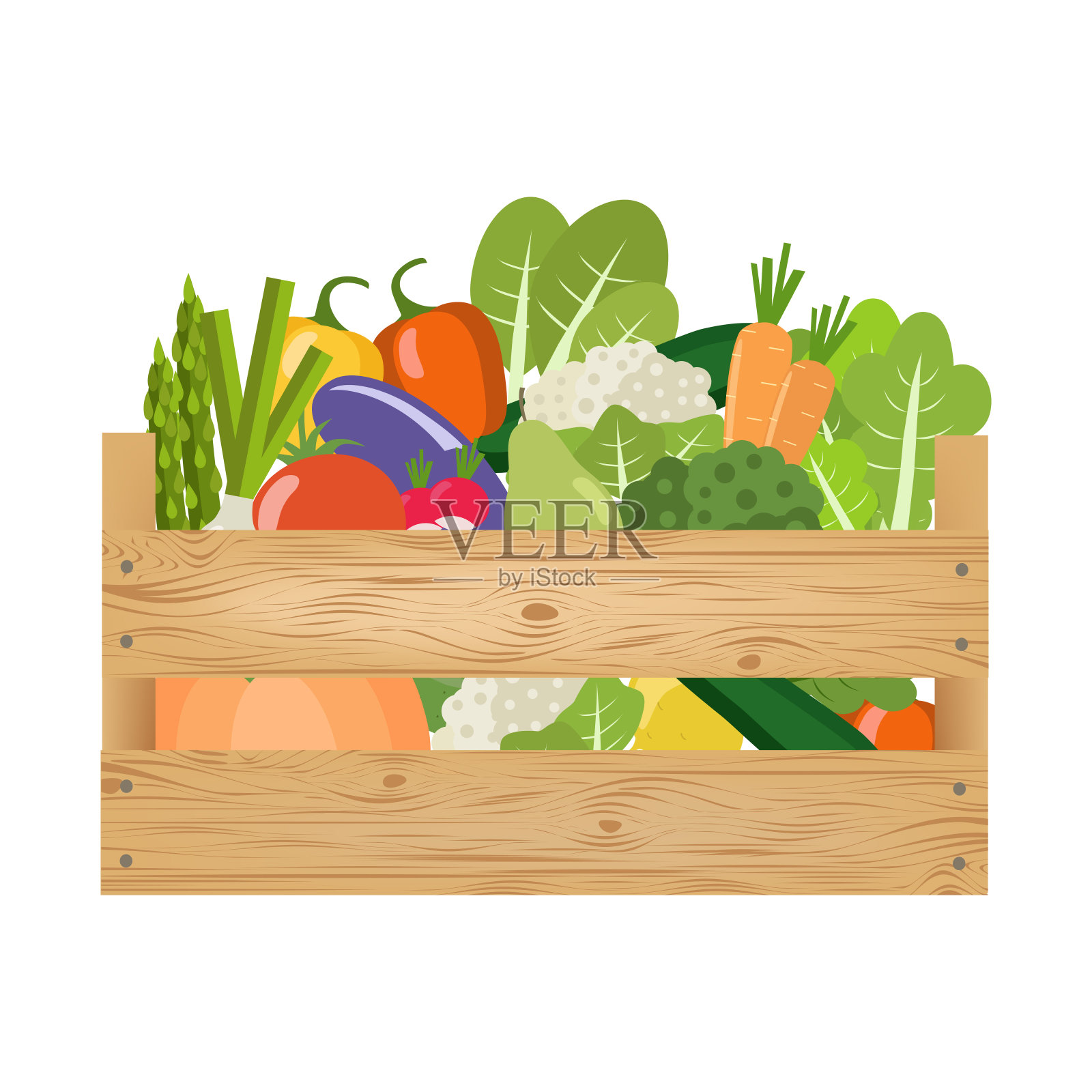 装着蔬菜和水果的木箱。健康的生活方式。插画图片素材