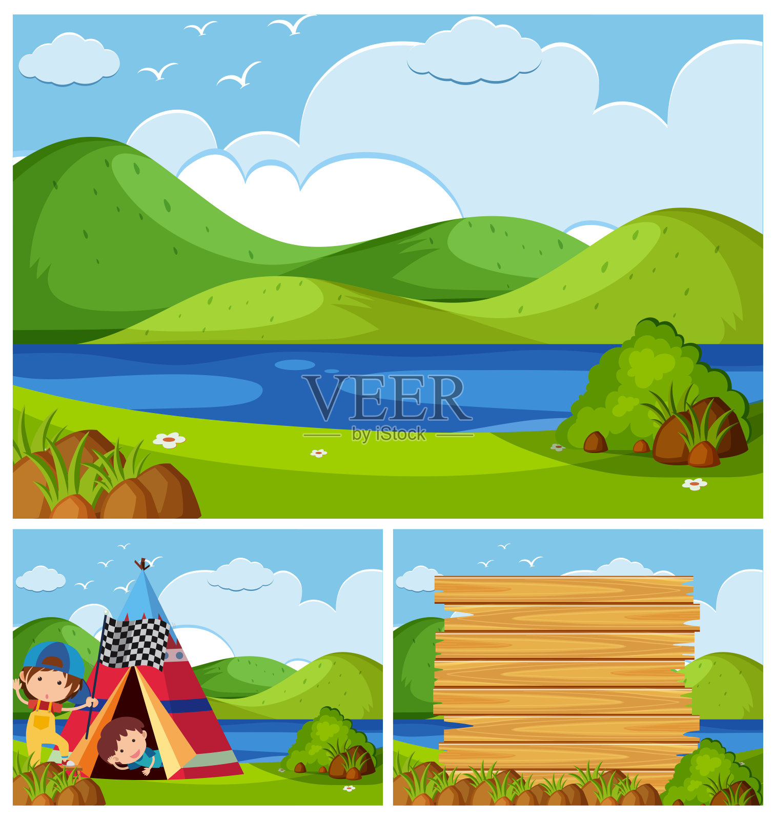孩子们露营的三个自然场景插画图片素材