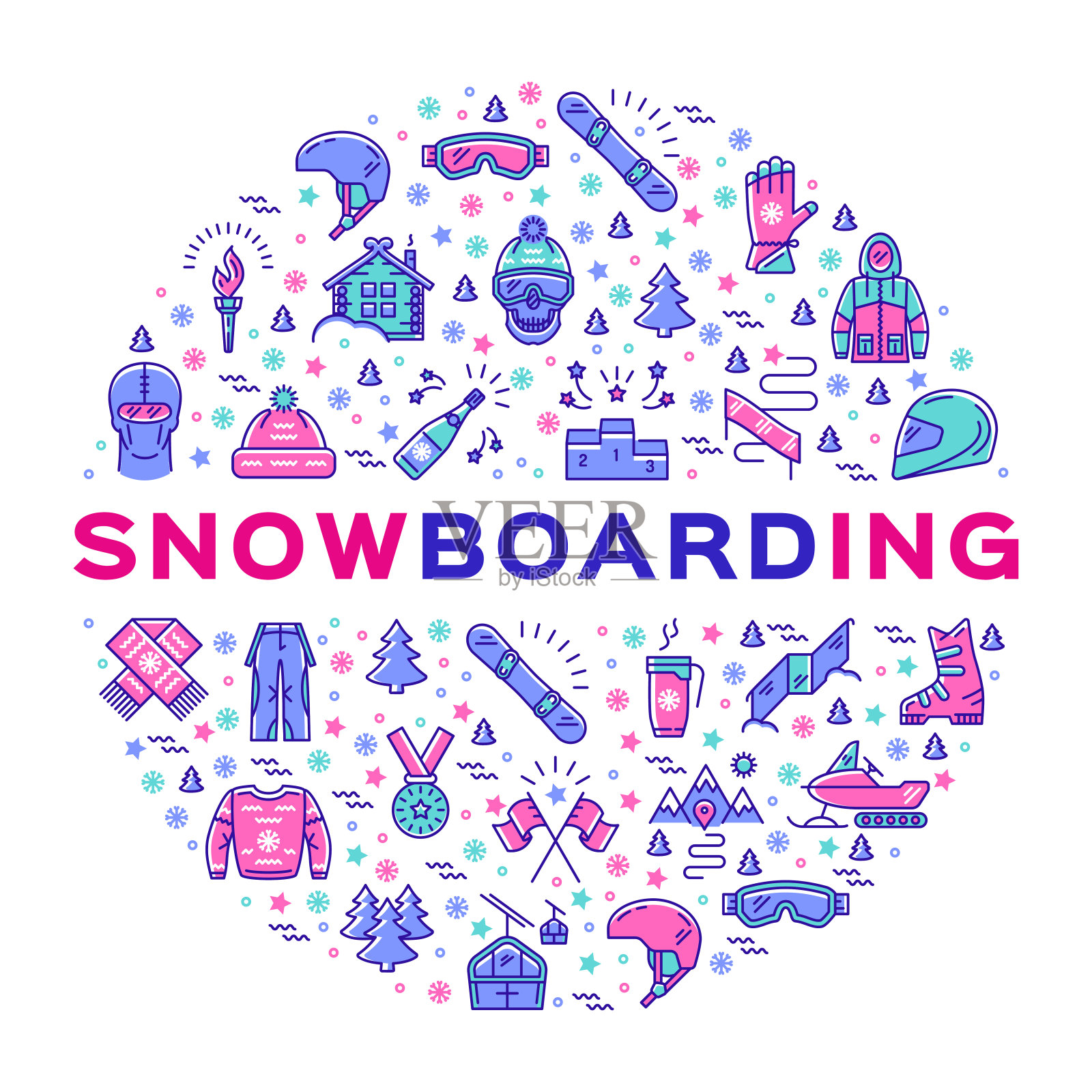 矢量滑雪板图标，滑雪板信息图，冬季运动衣服和设备插画图片素材