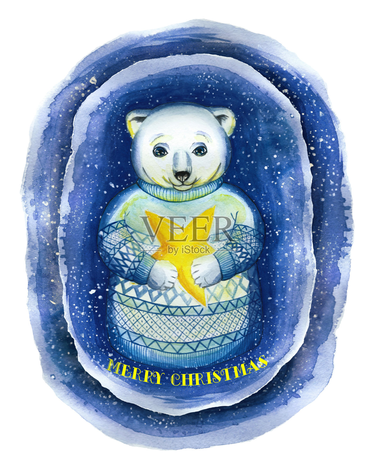 这是一幅以新年和圣诞节为主题的水彩画，用卡通手法画了一只北极熊，穿着一件提花毛衣，这是一种斯堪的纳维亚风格的图案，上面有一颗黄色的星星照亮周围的黑暗，雪花飘落，象征着降临节插画图片素材