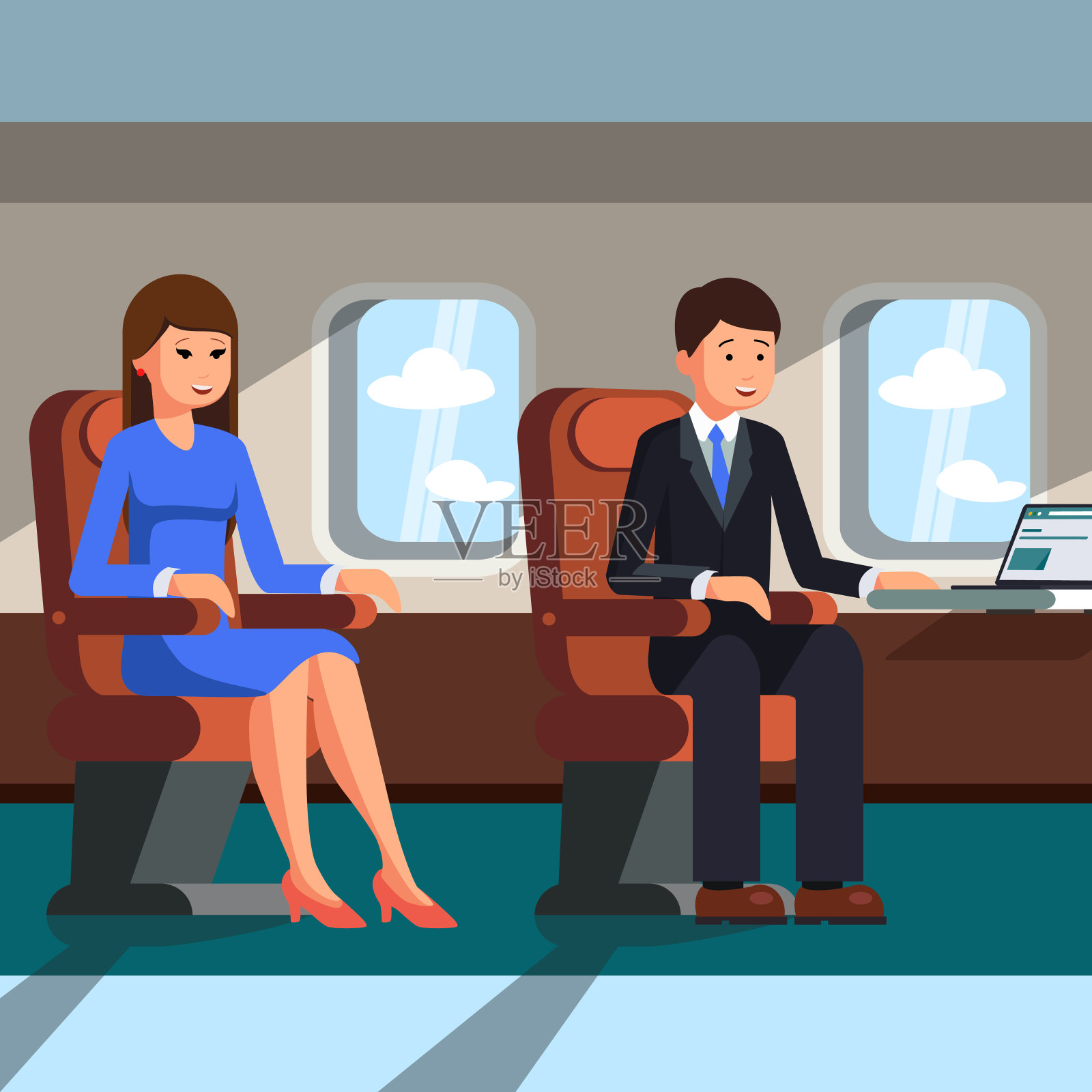 飞机的客舱里坐着一男一女。矢量插图。插画图片素材
