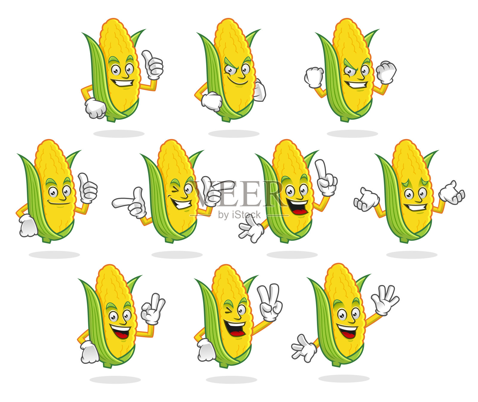 玉米吉祥物矢量包，玉米字符集，玉米矢量插画图片素材