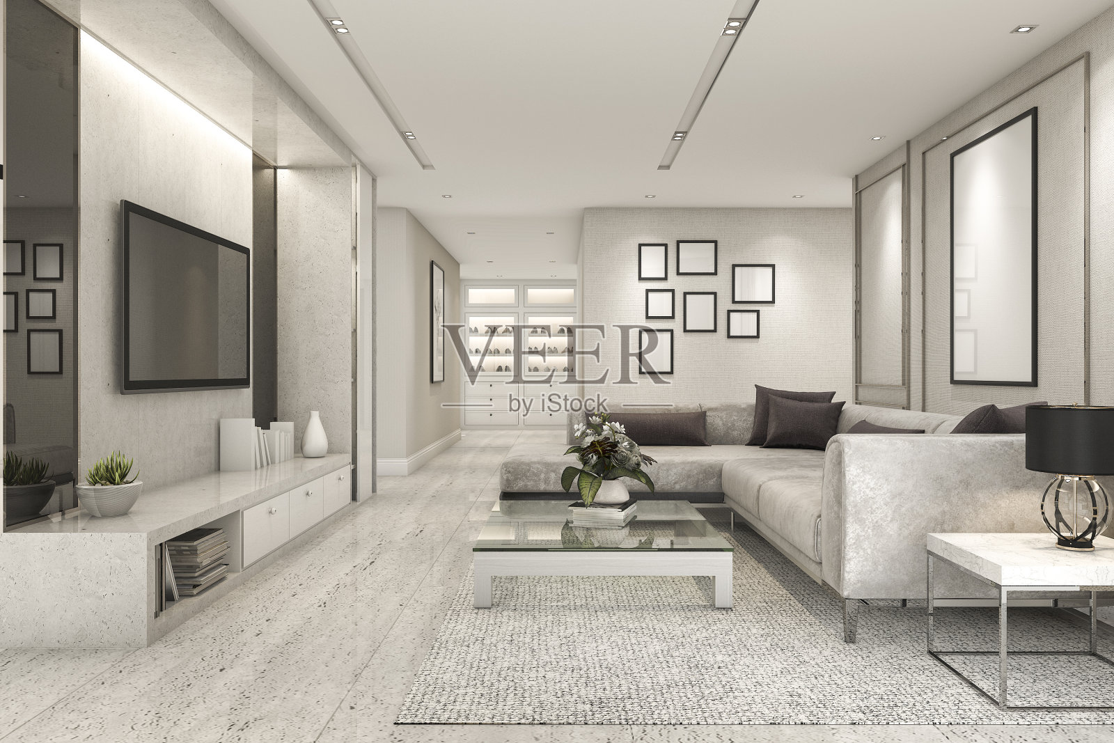 3d渲染豪华和现代的客厅与大理石瓷砖装饰插画图片素材