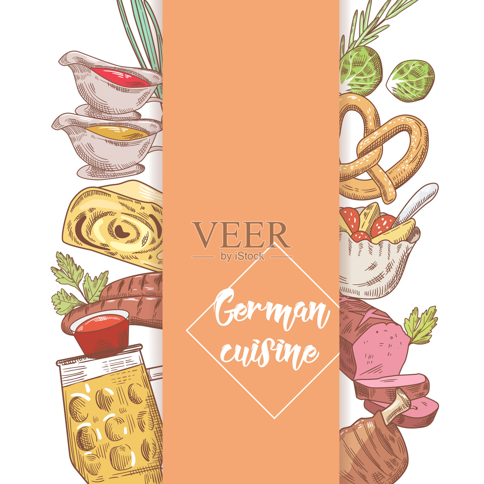 德国传统食物手绘涂鸦。德国菜菜单模板。食品和饮料。矢量图插画图片素材