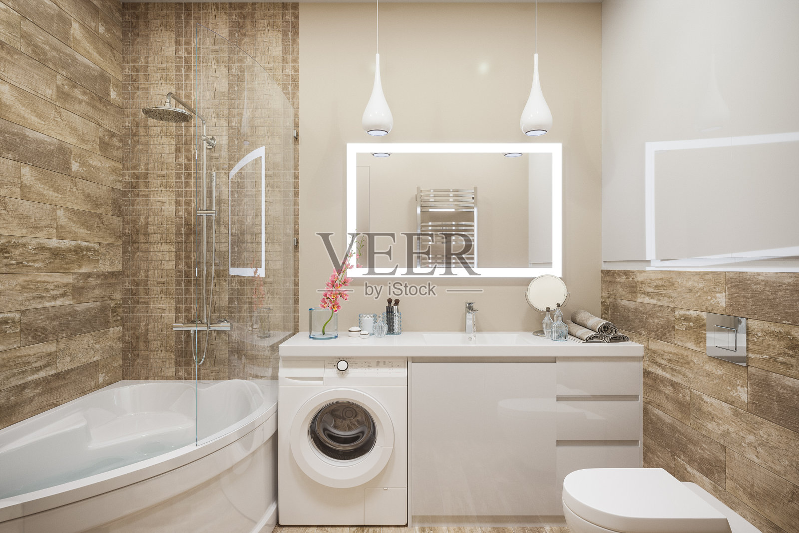 浴室内部的3d插图在一个现代风格的角落浴室。室内设计采用米色和白色照片摄影图片