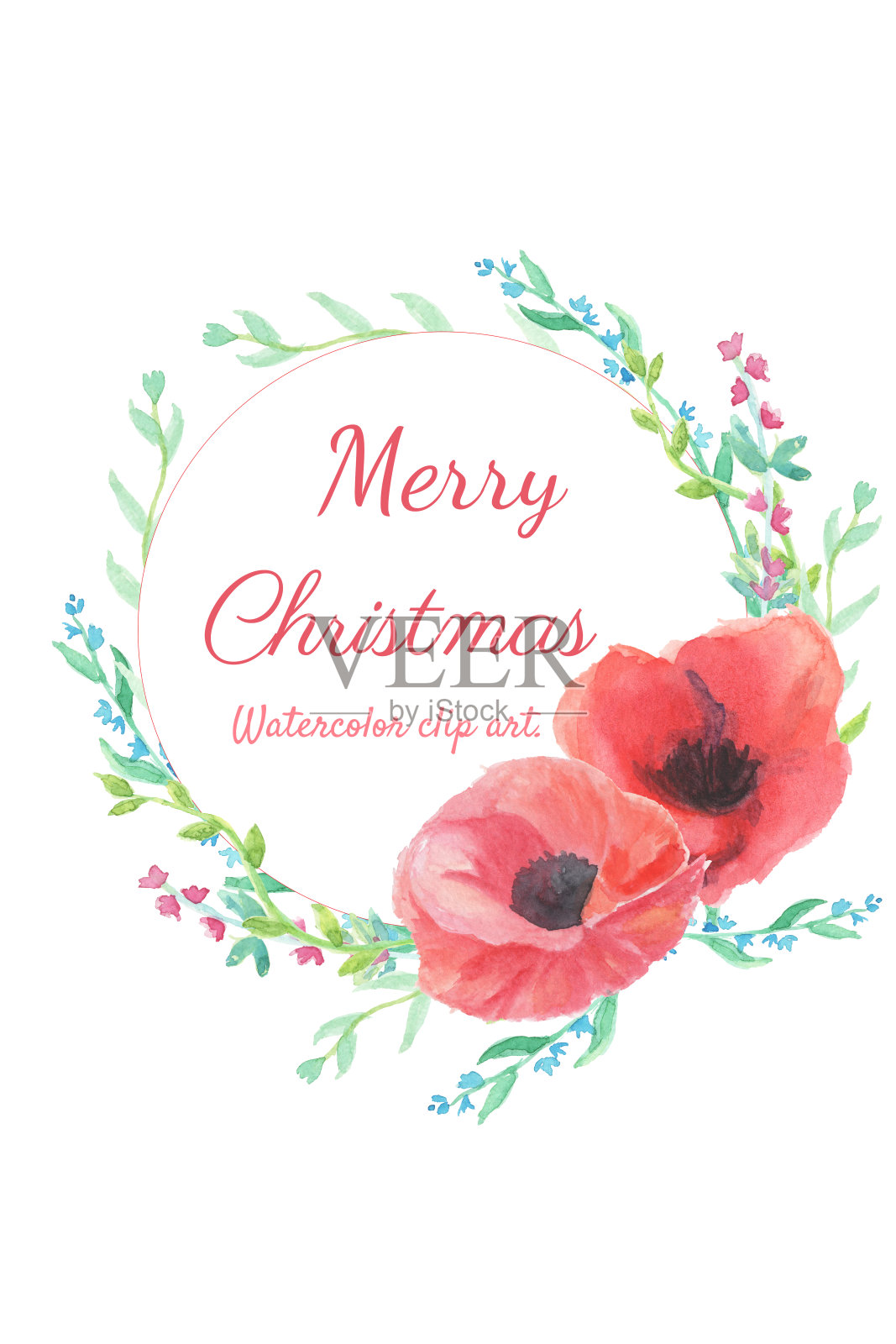 圣诞卡和新年贺卡。水彩剪辑艺术与红色罂粟花环。图片是卡片的插图。插画图片素材