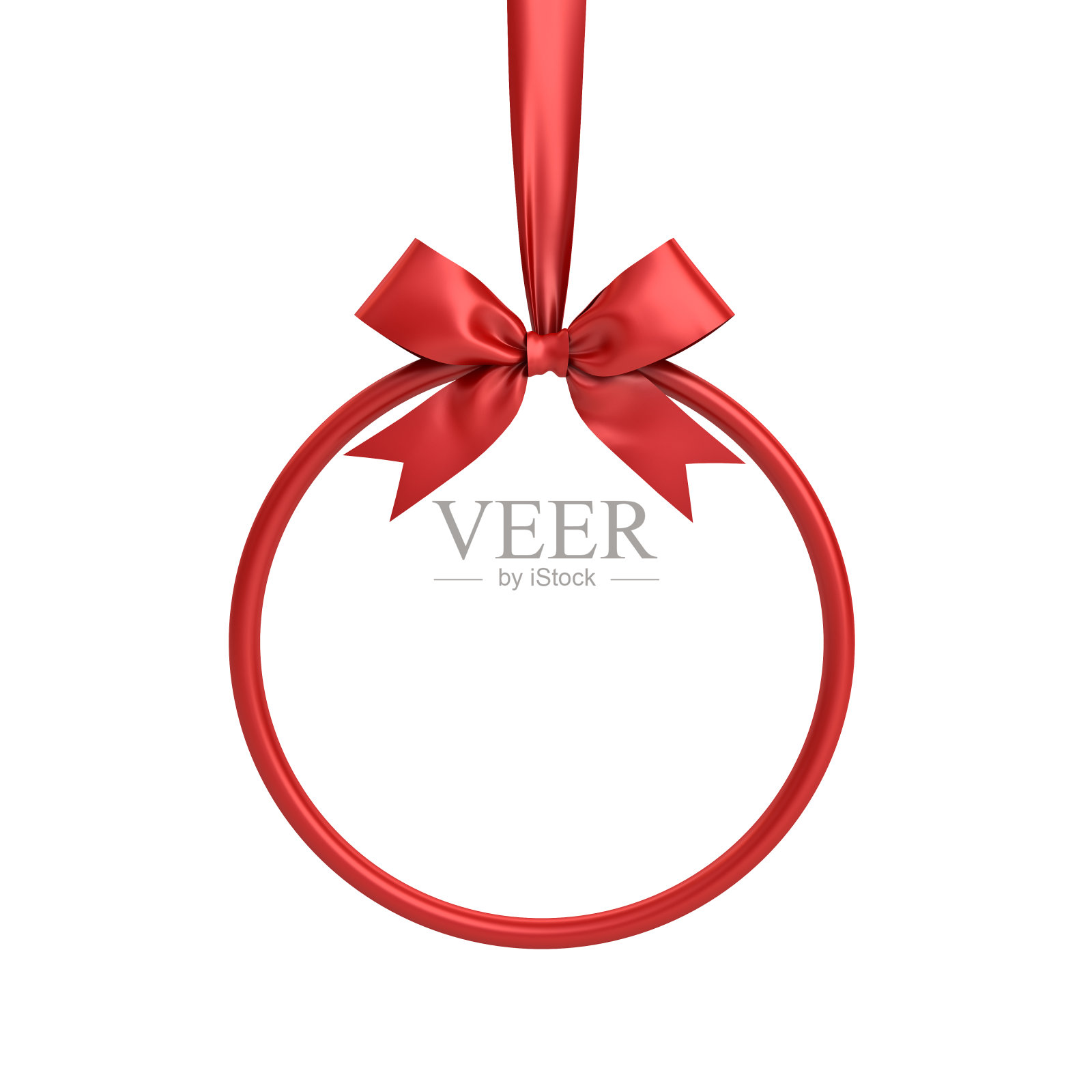 红色的圆框悬挂着红色的丝带和蝴蝶结，用来装饰圣诞节和其他孤立在白色背景上的活动。三维渲染设计元素图片