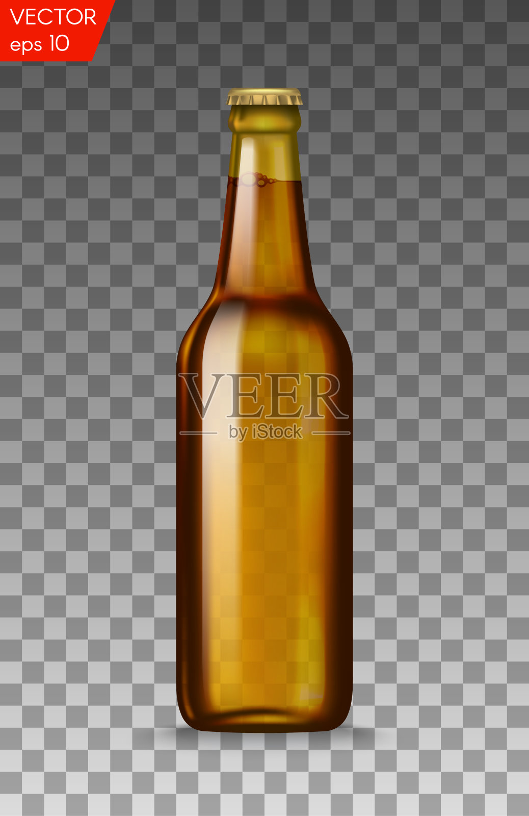 真实的黄色玻璃啤酒瓶与饮料隔离在一个透明的背景。矢量插图。产品包装广告模板。设计元素图片