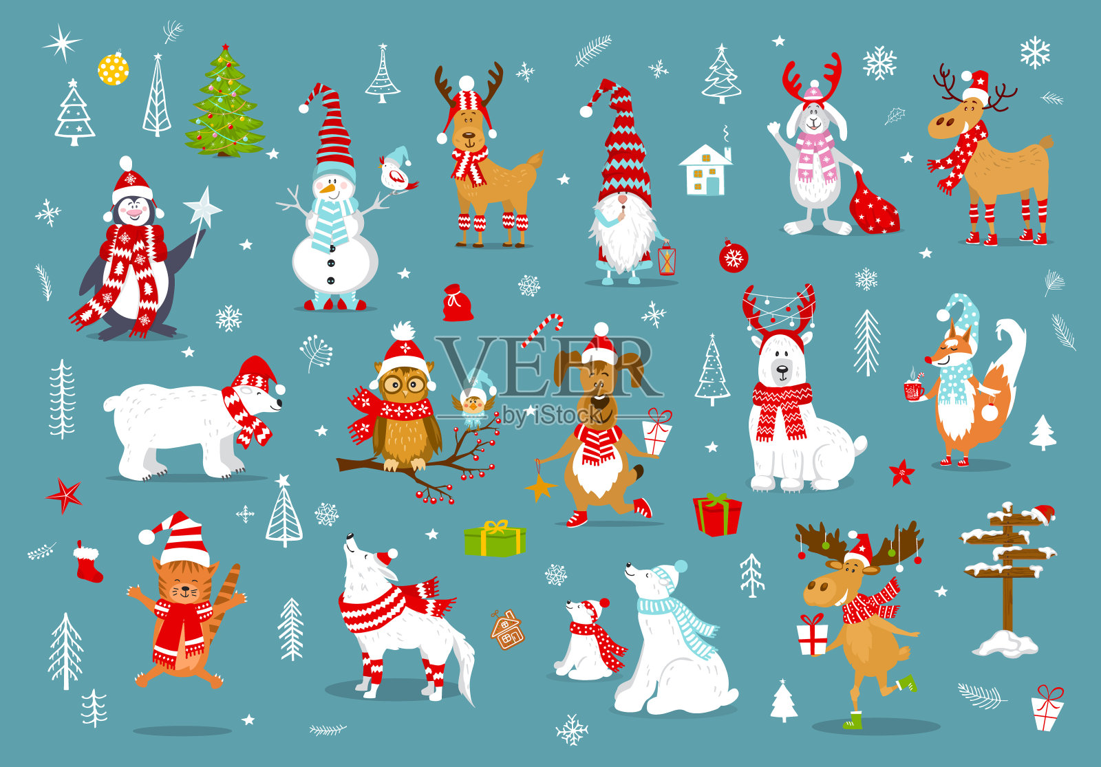 圣诞快乐新年快乐冬天卡通可爱有趣的动物在圣诞老人帽子围巾与礼物收集。插画图片素材