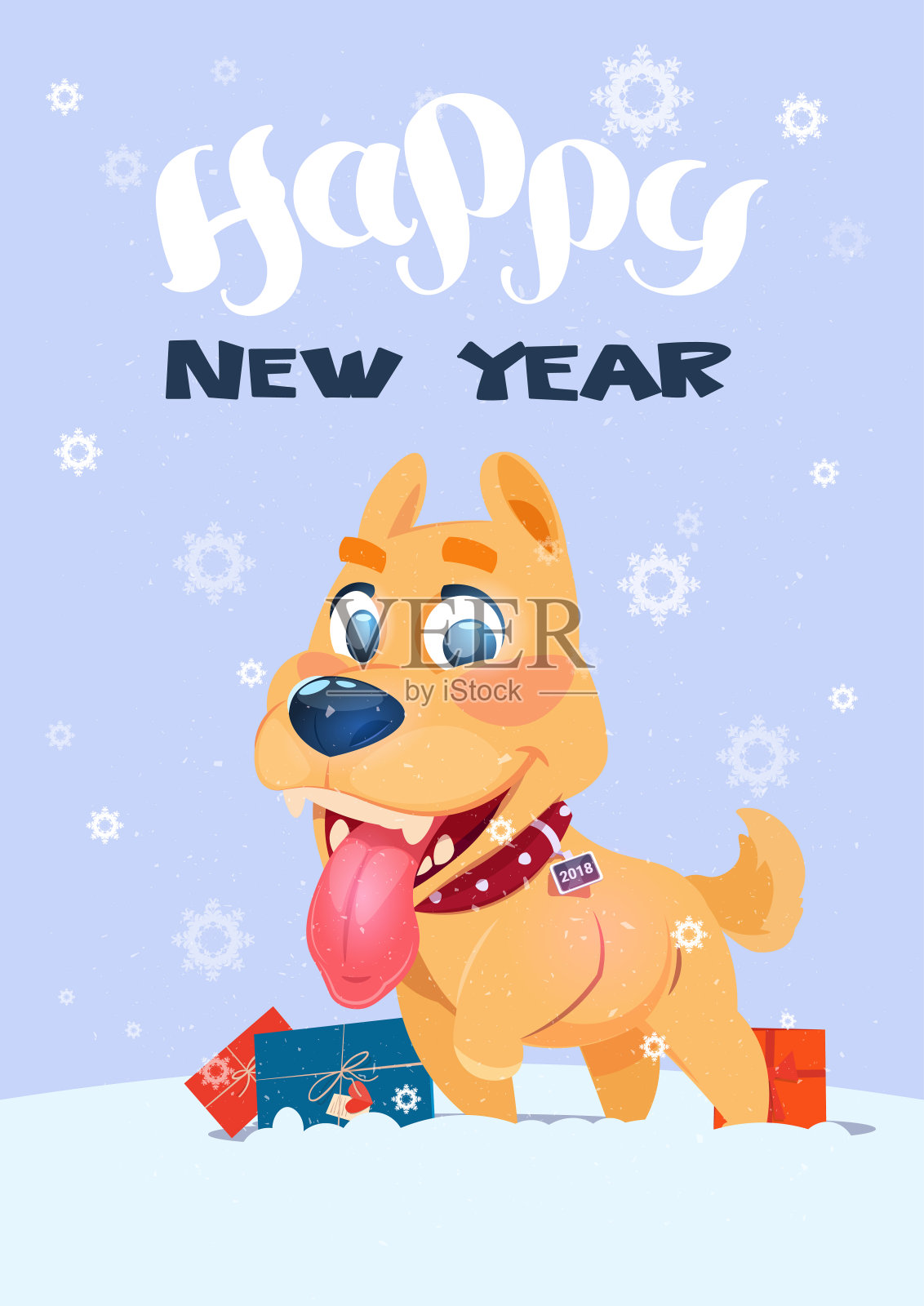 新年快乐海报狗与礼物在雪花的背景设计模板素材