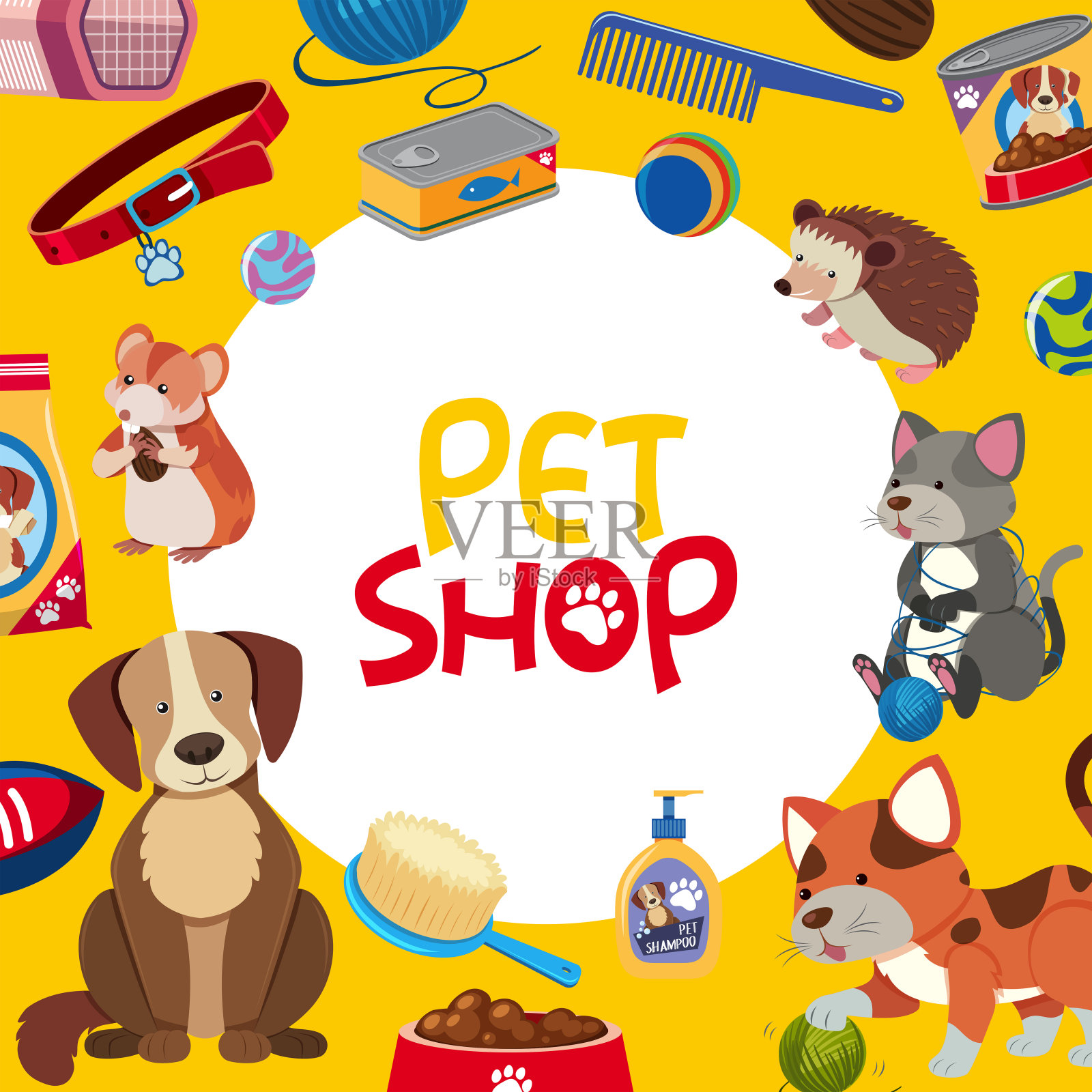 宠物店海报设计与许多宠物和配件插画图片素材