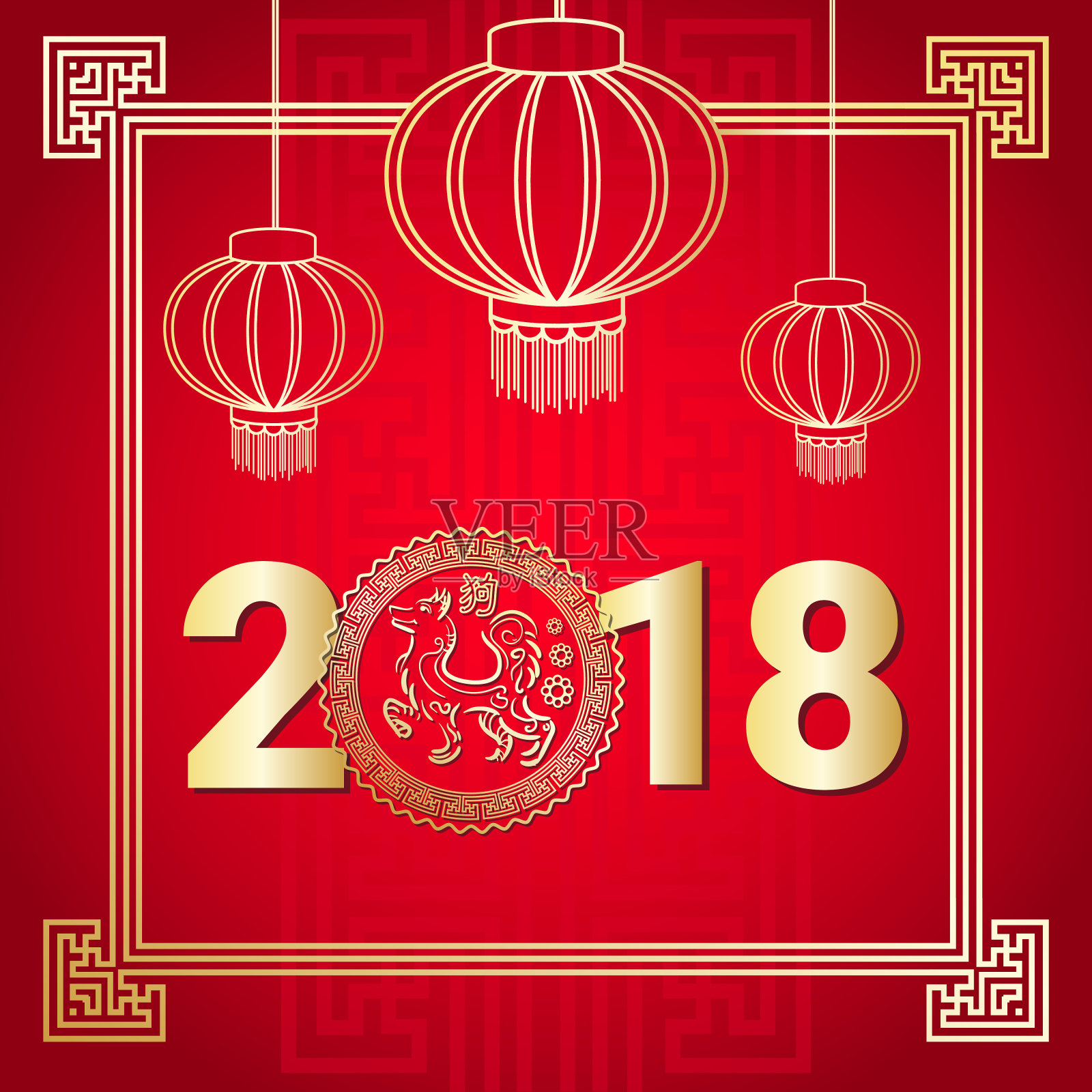 中国新年贺卡与传统灯笼金色装饰在红色的背景插画图片素材
