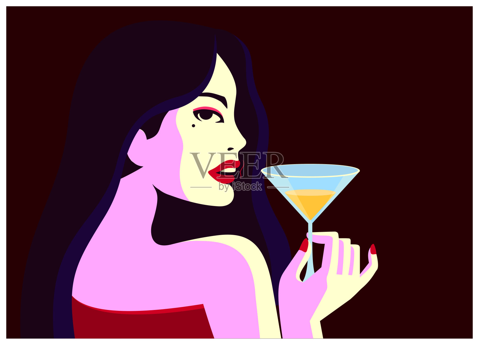 迷人的女人喝鸡尾酒杯最小矢量插图插画图片素材