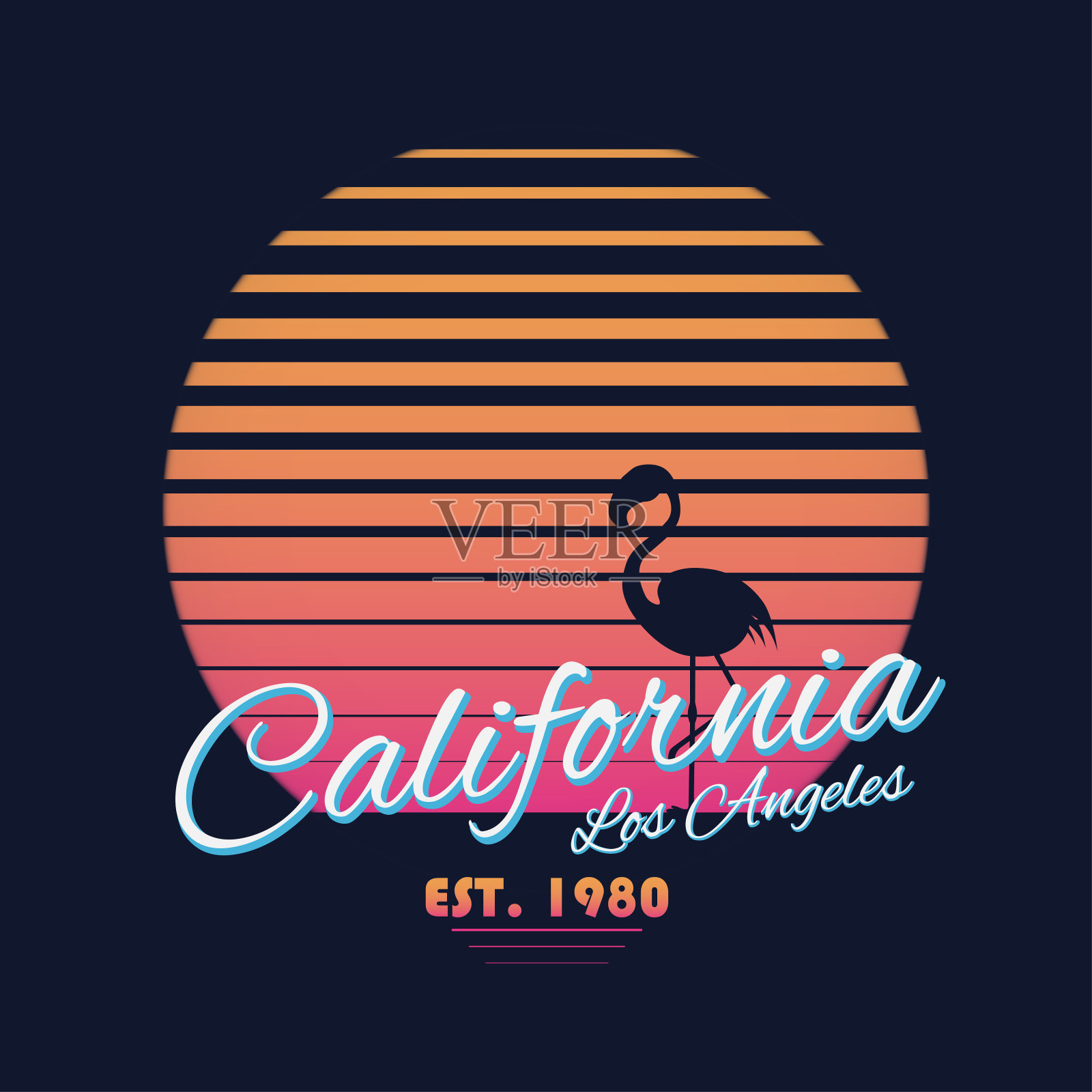 80年代风格的复古加利福尼亚排版。复古t恤图形与热带天堂场景和火烈鸟剪影插画图片素材