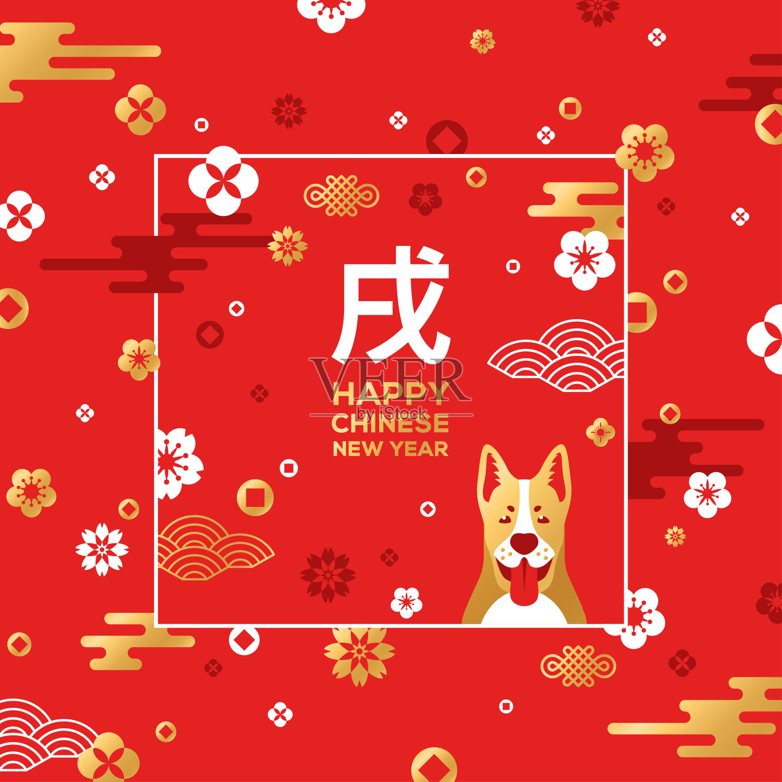 传统的亚洲图案和狗在红色与框架插画图片素材