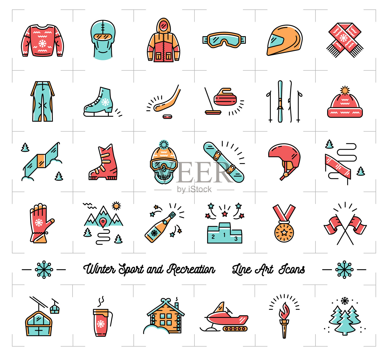 色彩缤纷的冬季运动系列图标集。冬季休闲娱乐，滑雪，滑雪板，滑雪板，滑冰，服装，运动服。矢量符号图标素材