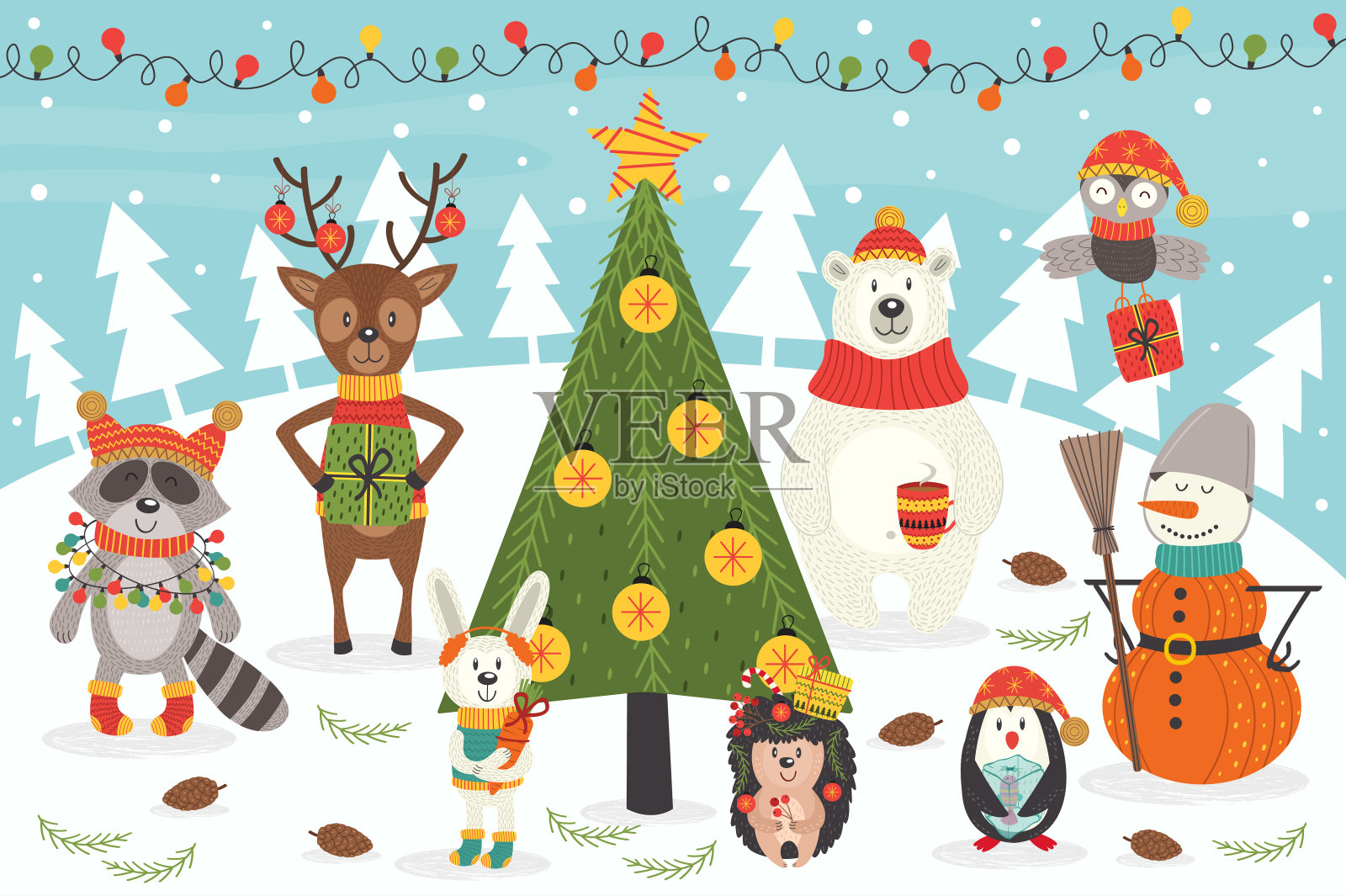 圣诞树周围的圣诞人物插画图片素材