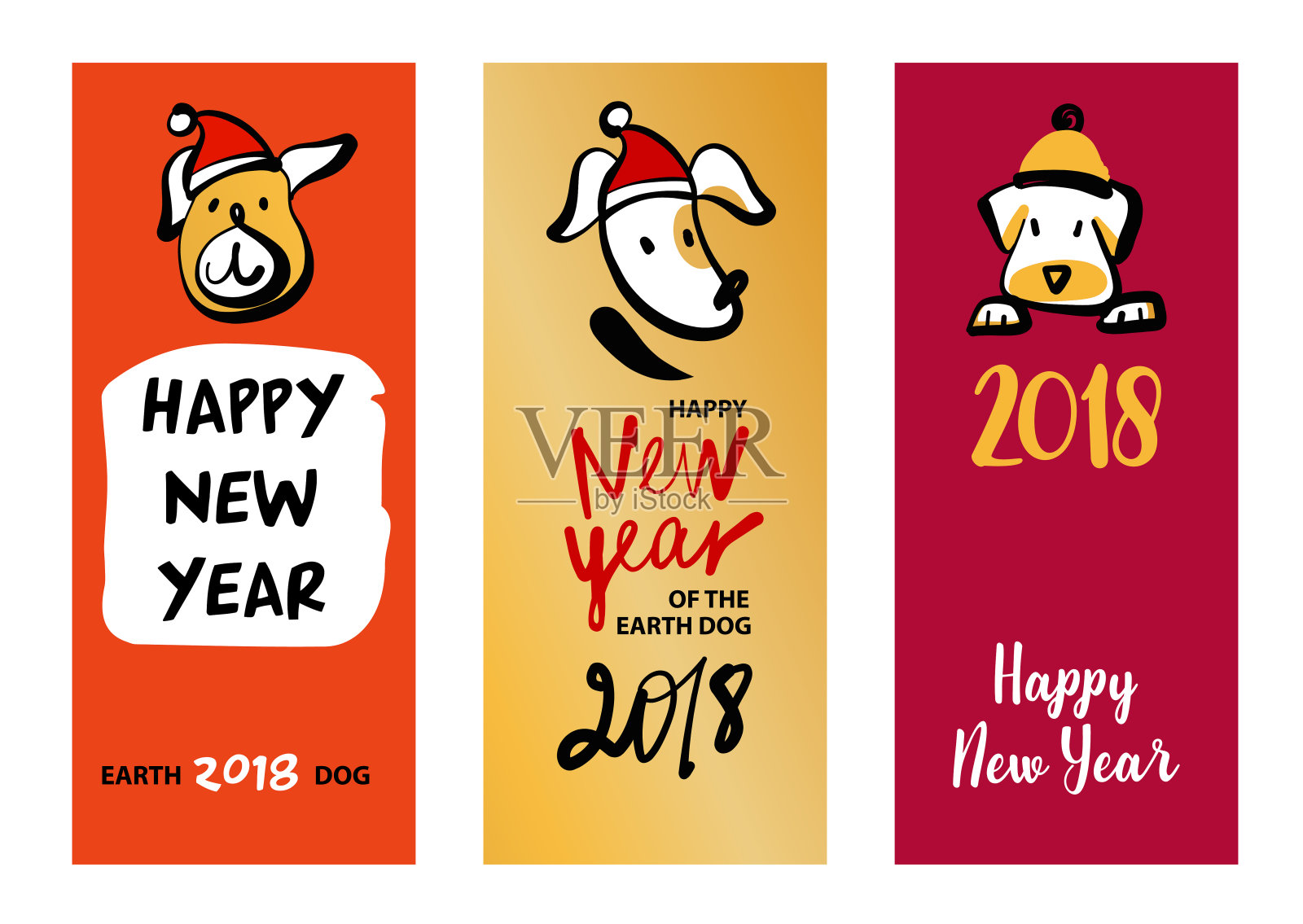 一套小狗小狗素描图三张。象征中国2018年新年快乐。插图礼物，邀请，礼物，卡片与线矢量剪影狗插画图片素材