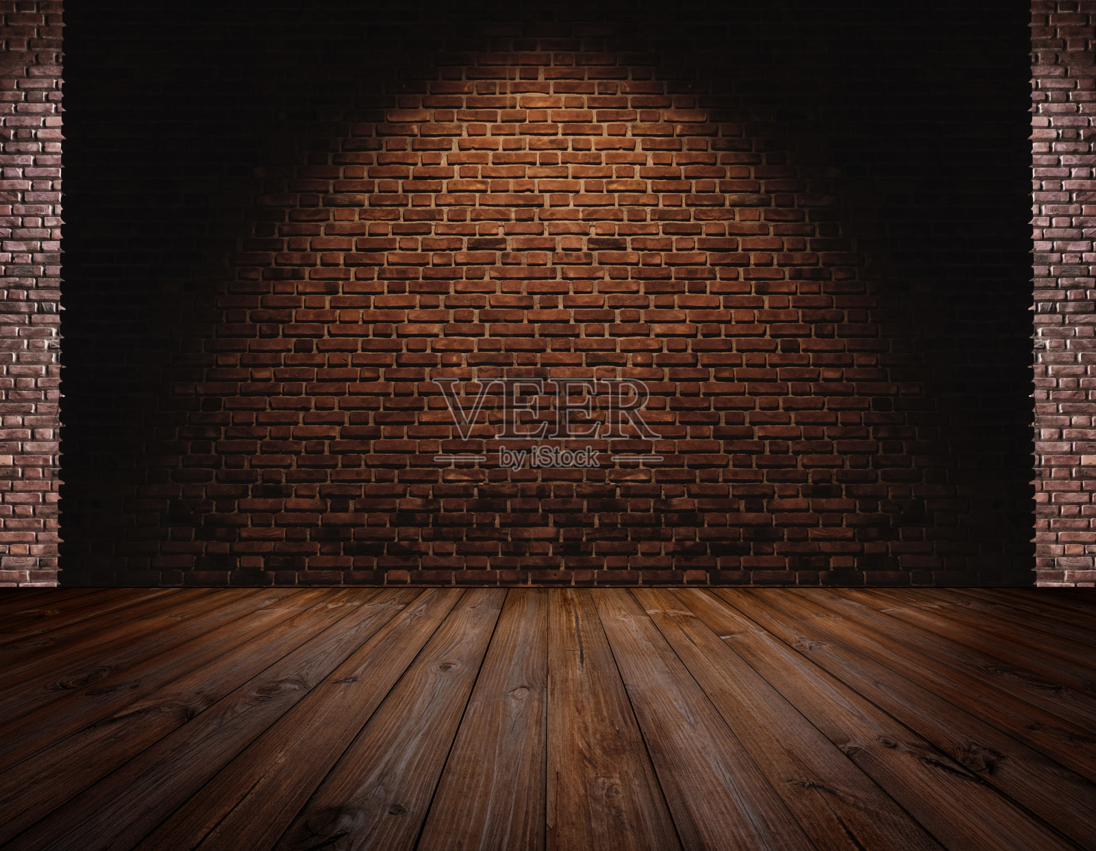 砖墙和硬木地板，灯光中心为背景照片摄影图片