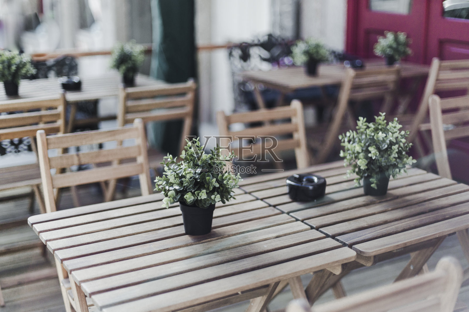 户外餐厅餐桌上有盆栽植物照片摄影图片