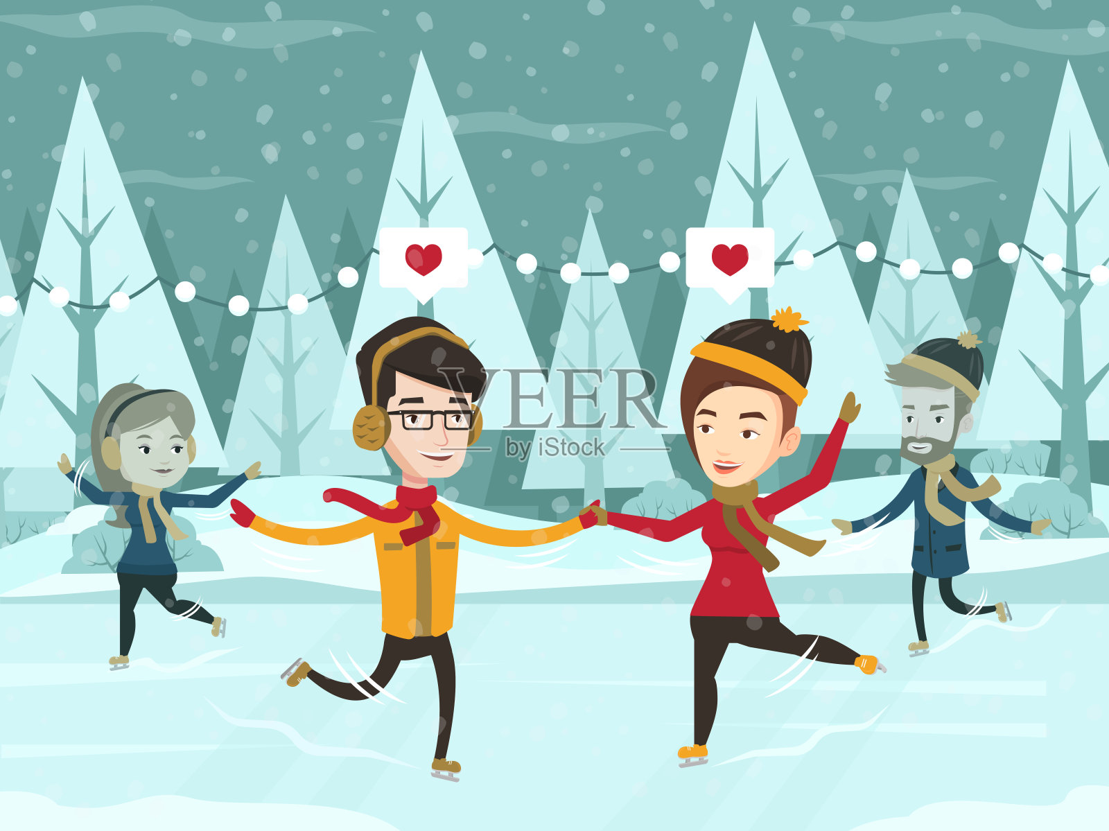 一对白人夫妇在室外溜冰场滑冰插画图片素材
