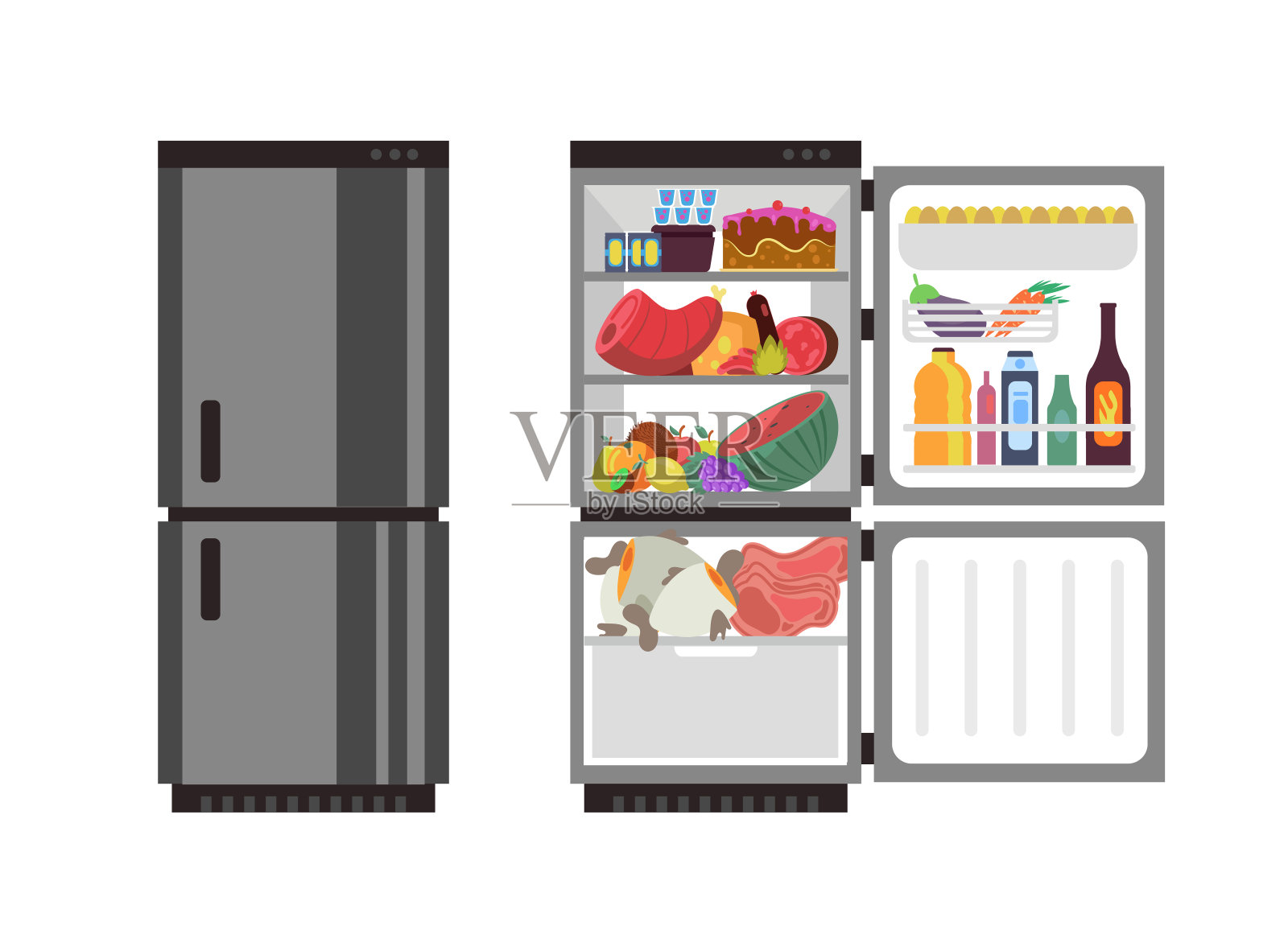 打开和关闭冰箱。装食物的厨房冰箱插画图片素材