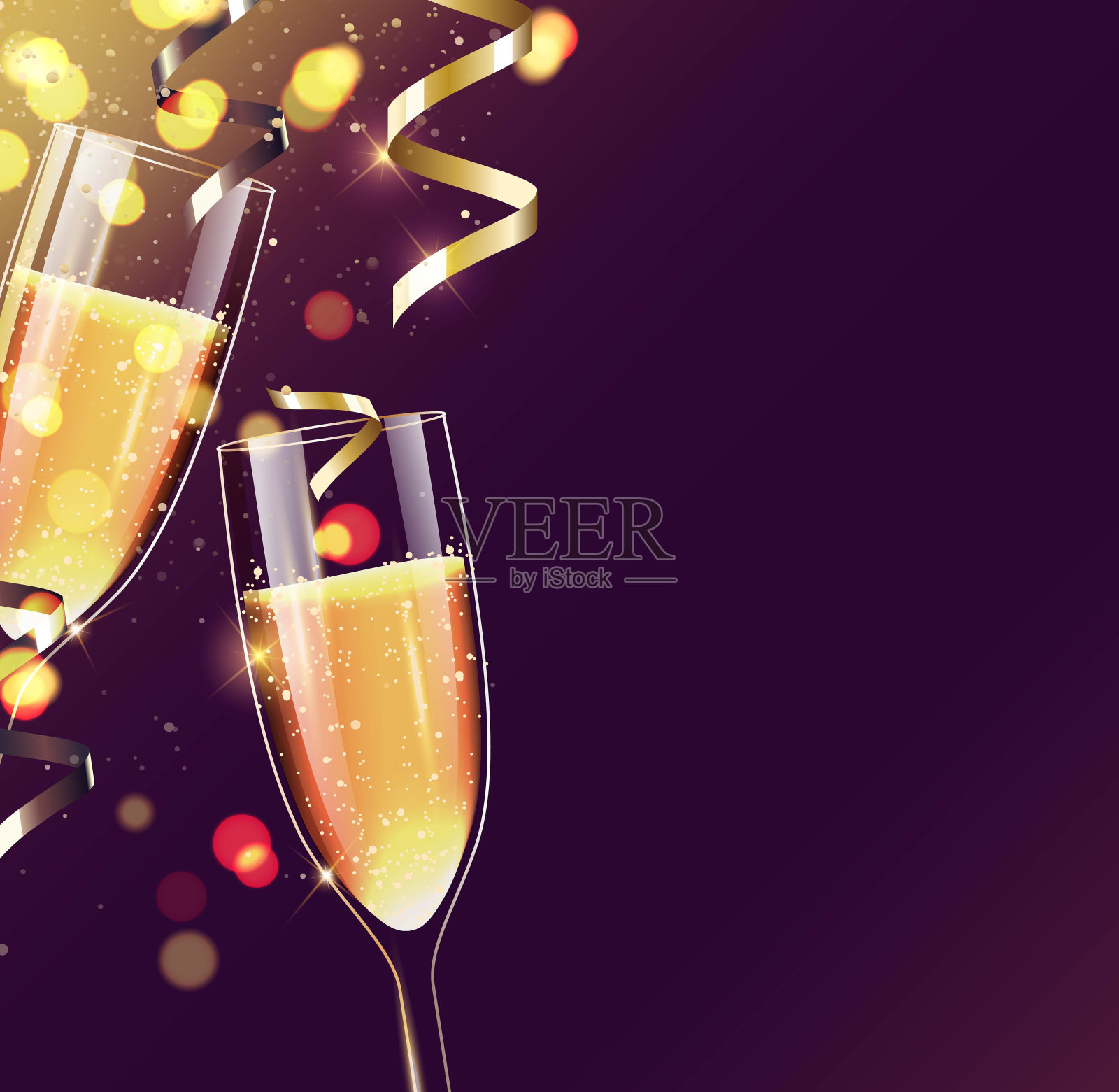 两杯香槟配上闪闪发光的假日背景。插画图片素材