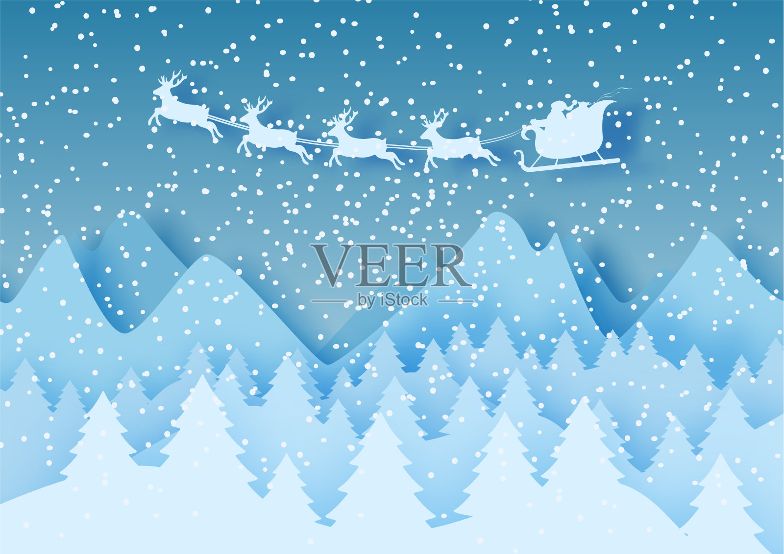 3d抽象蜡笔剪纸的冬季景观与云，松树，山和圣诞老人。向量插画图片素材
