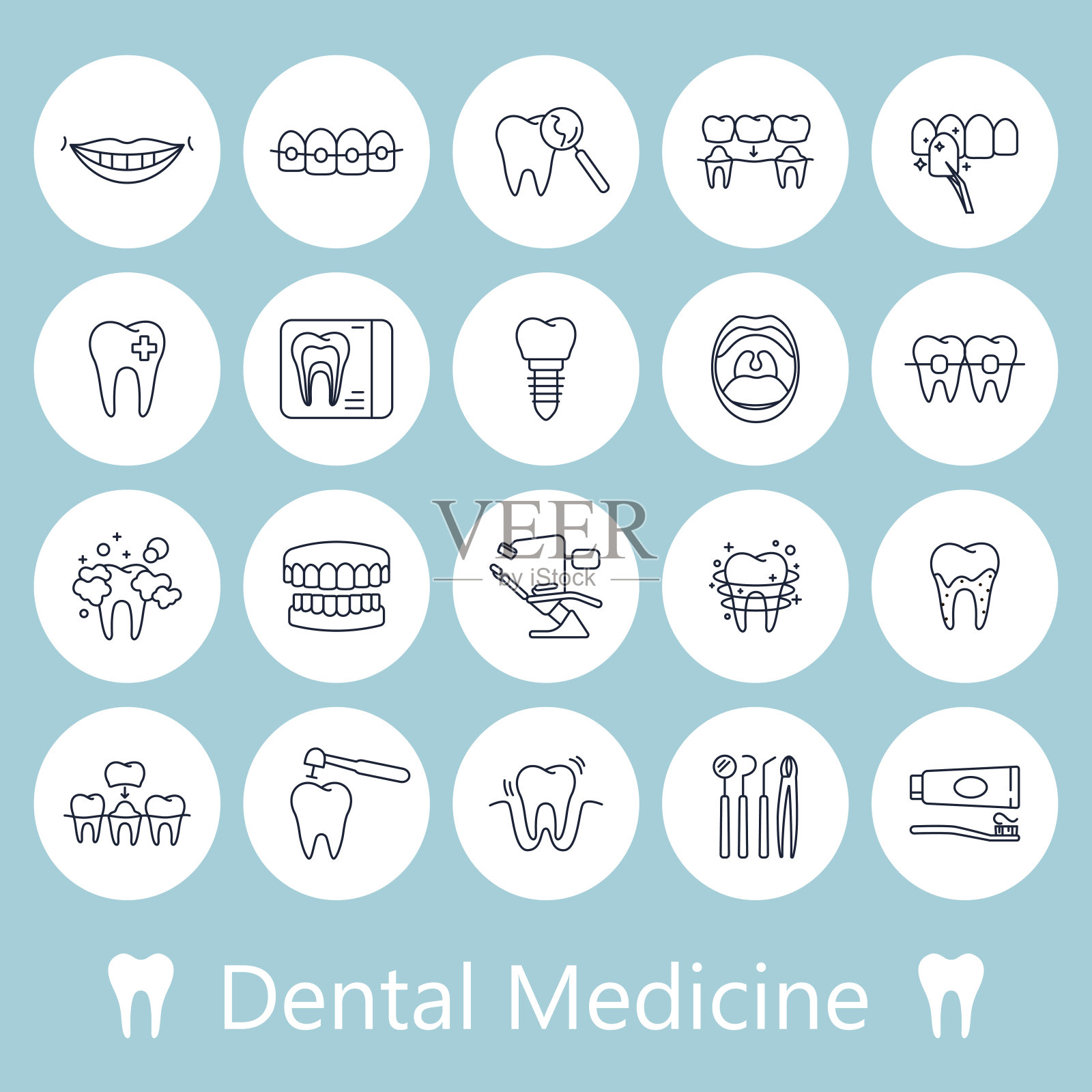 牙齿，牙科医疗线图标。插画图片素材