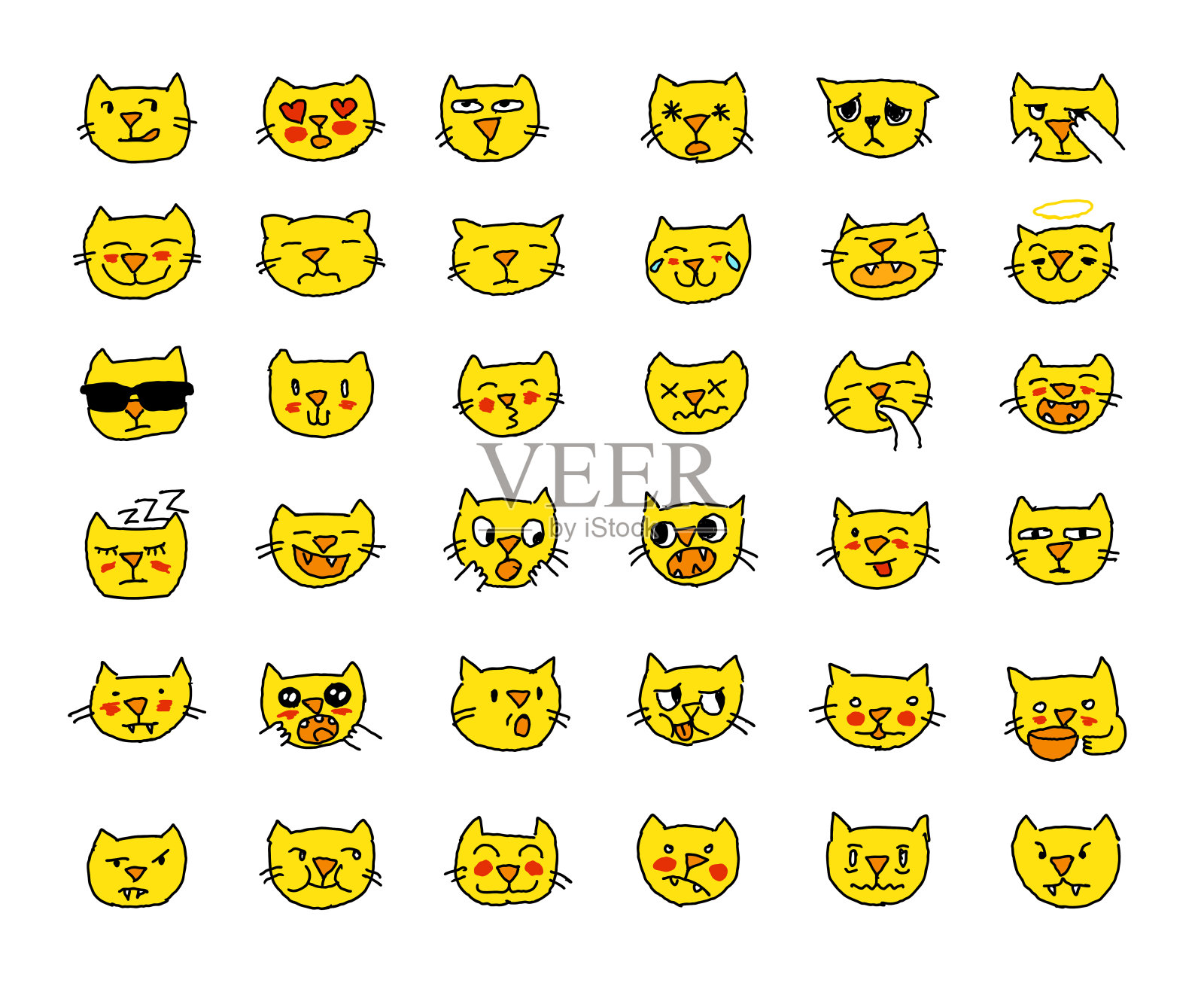 黄颜色的表情贴纸设置了猫头，不同的情绪，口套。用手画插画图片素材