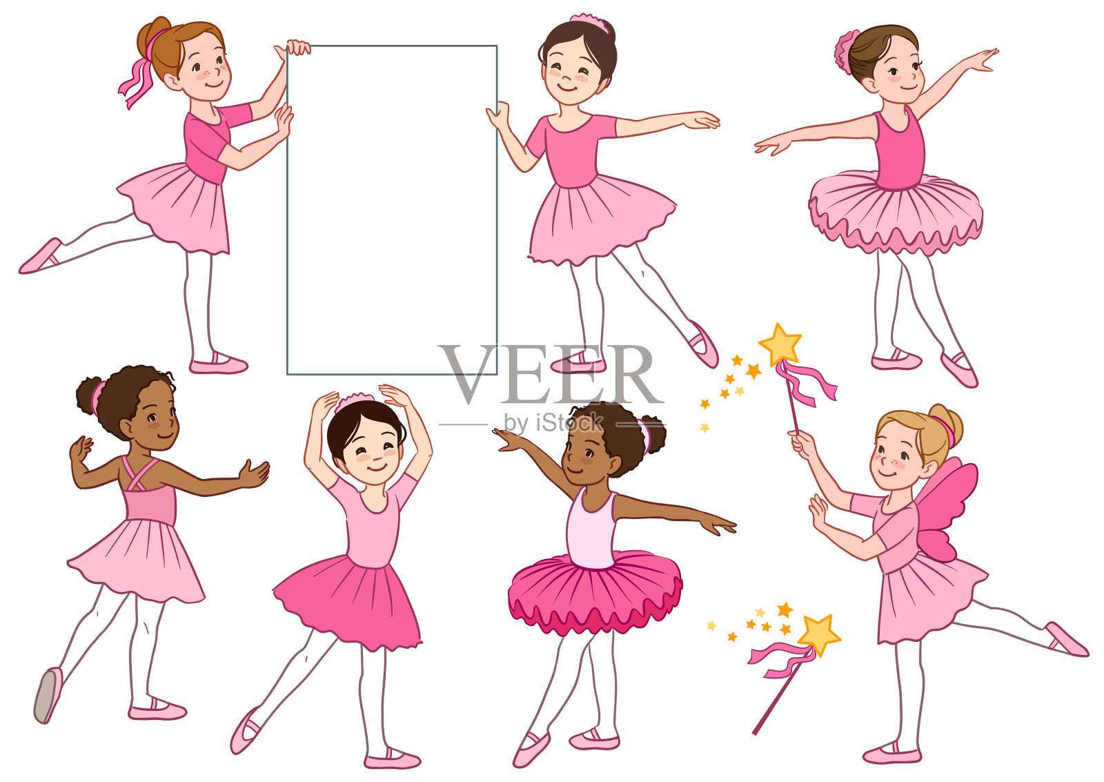 矢量卡通插图收集可爱的多文化小芭蕾舞女演员角色穿着粉红色的紧身衣和芭蕾舞裙。芭蕾舞、舞蹈、创意运动主题设计元素插画图片素材