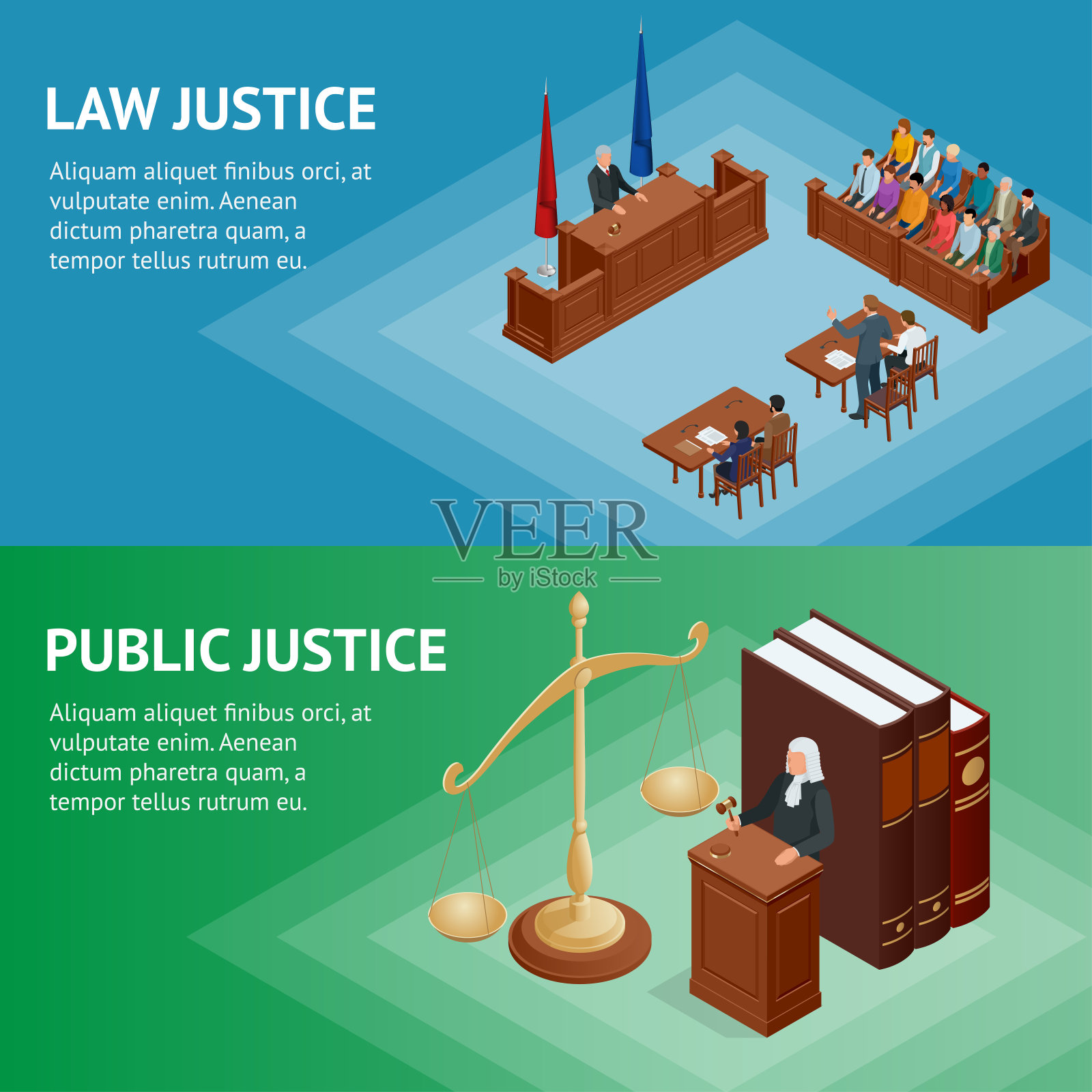 等距法与正义概念。法律主题，法官的木槌，正义的天平，书籍，正义的雕像矢量插图。插画图片素材