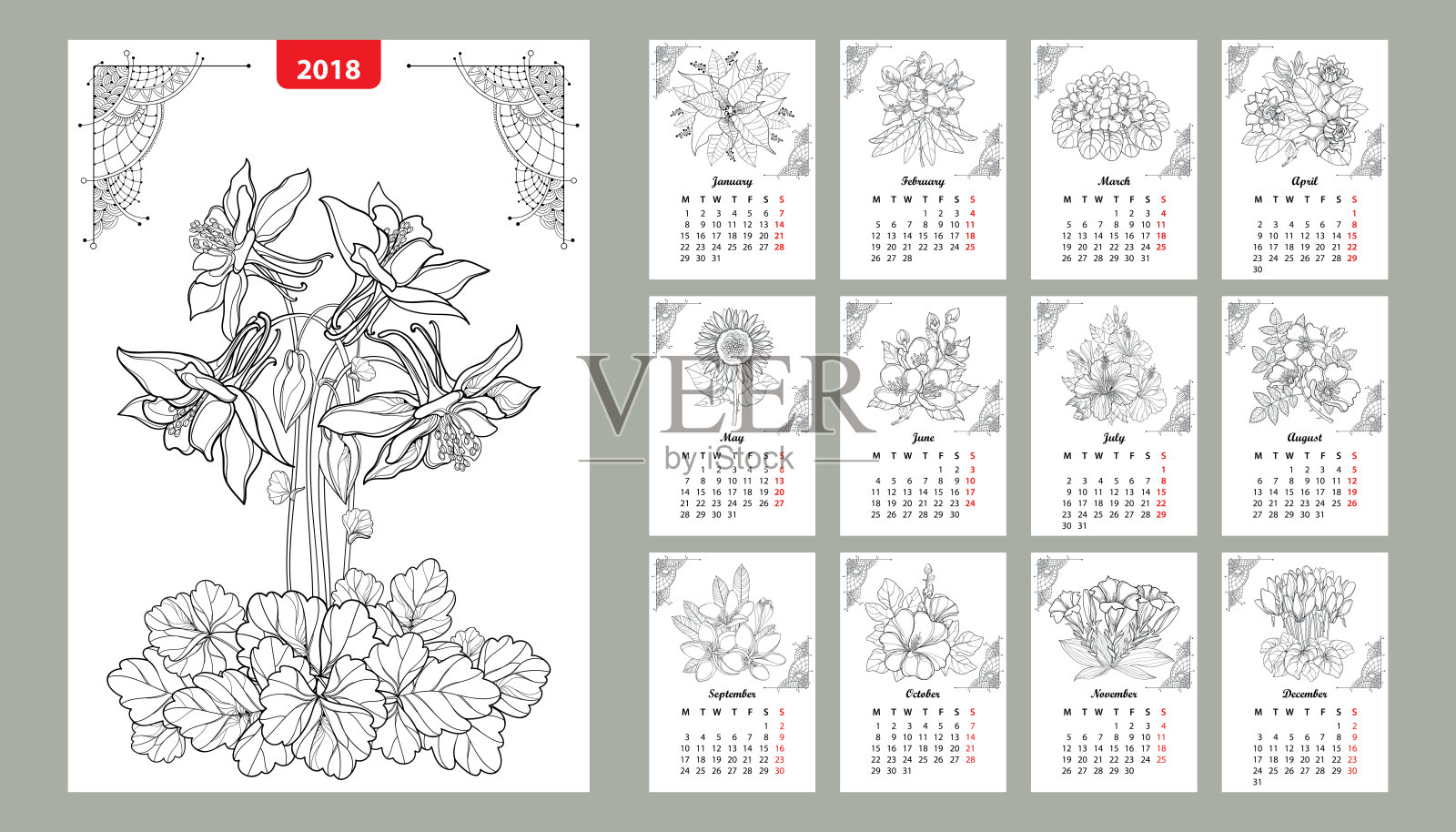 矢量墙日历设置2018年与轮廓花和叶在黑色。周从星期一开始，英语。花的模板设计。设计模板素材
