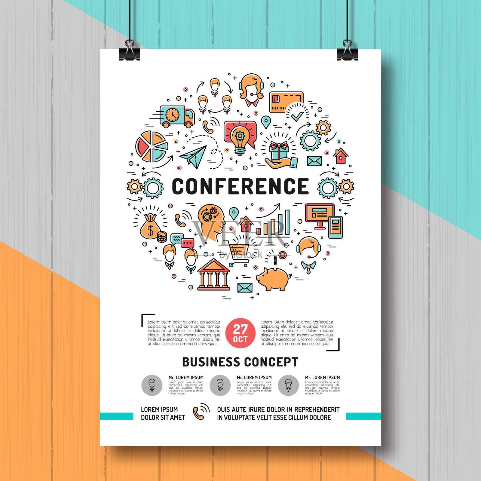 商务会议海报模板A4大小，线条艺术图标设计模板素材
