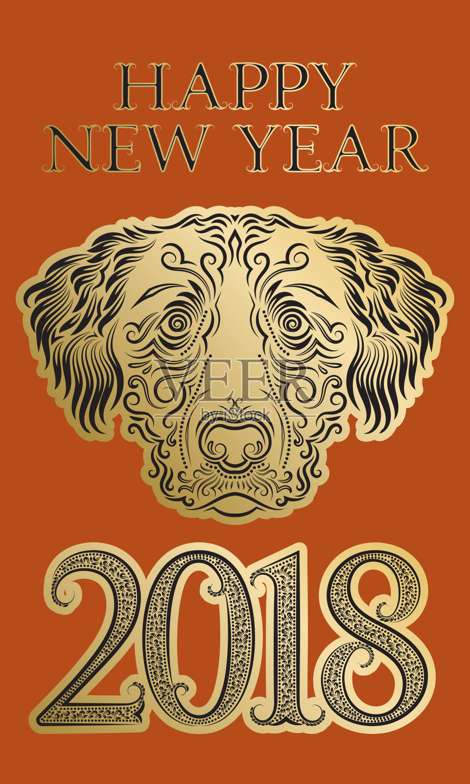2018中国农历新年贺年贺卡模板与金黑色狗头图案和设计元素。设计模板素材