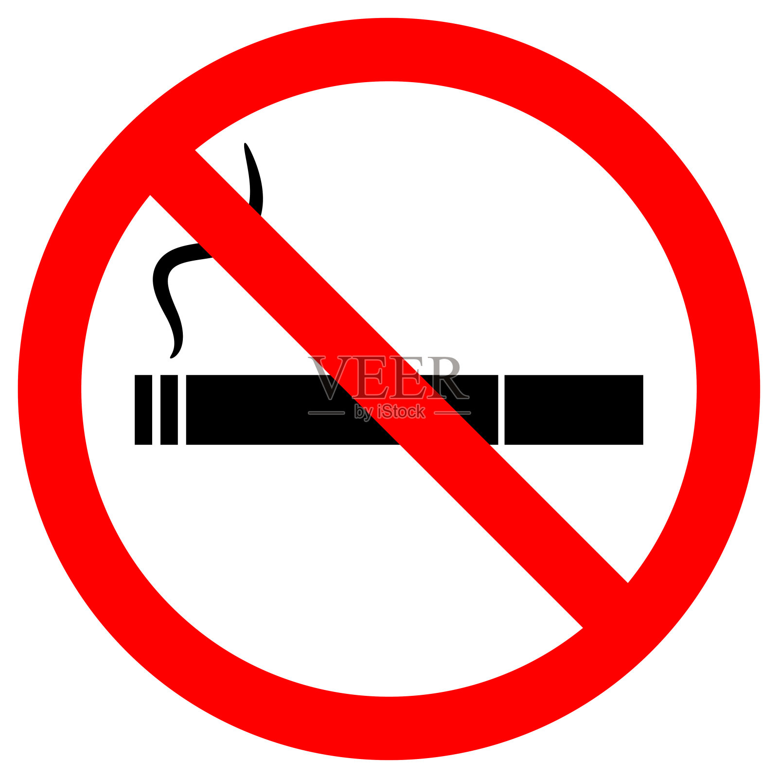 禁止吸烟标志。带有过滤嘴和烟雾的香烟图标在红色圆圈中划掉。向量插画图片素材