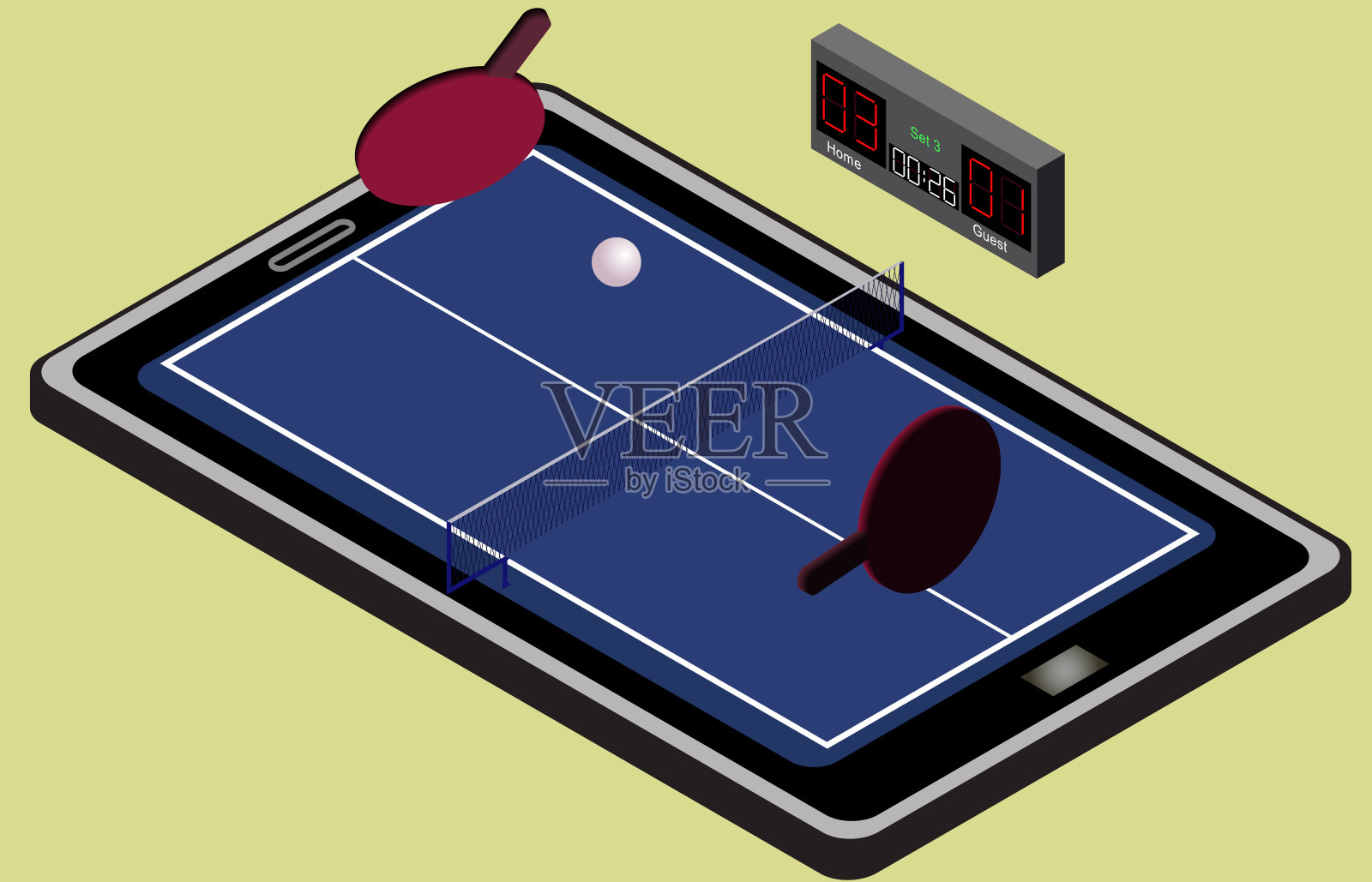 信息图乒乓球蓝色网球操场，球，和球拍。等距的形象。孤立的插画图片素材