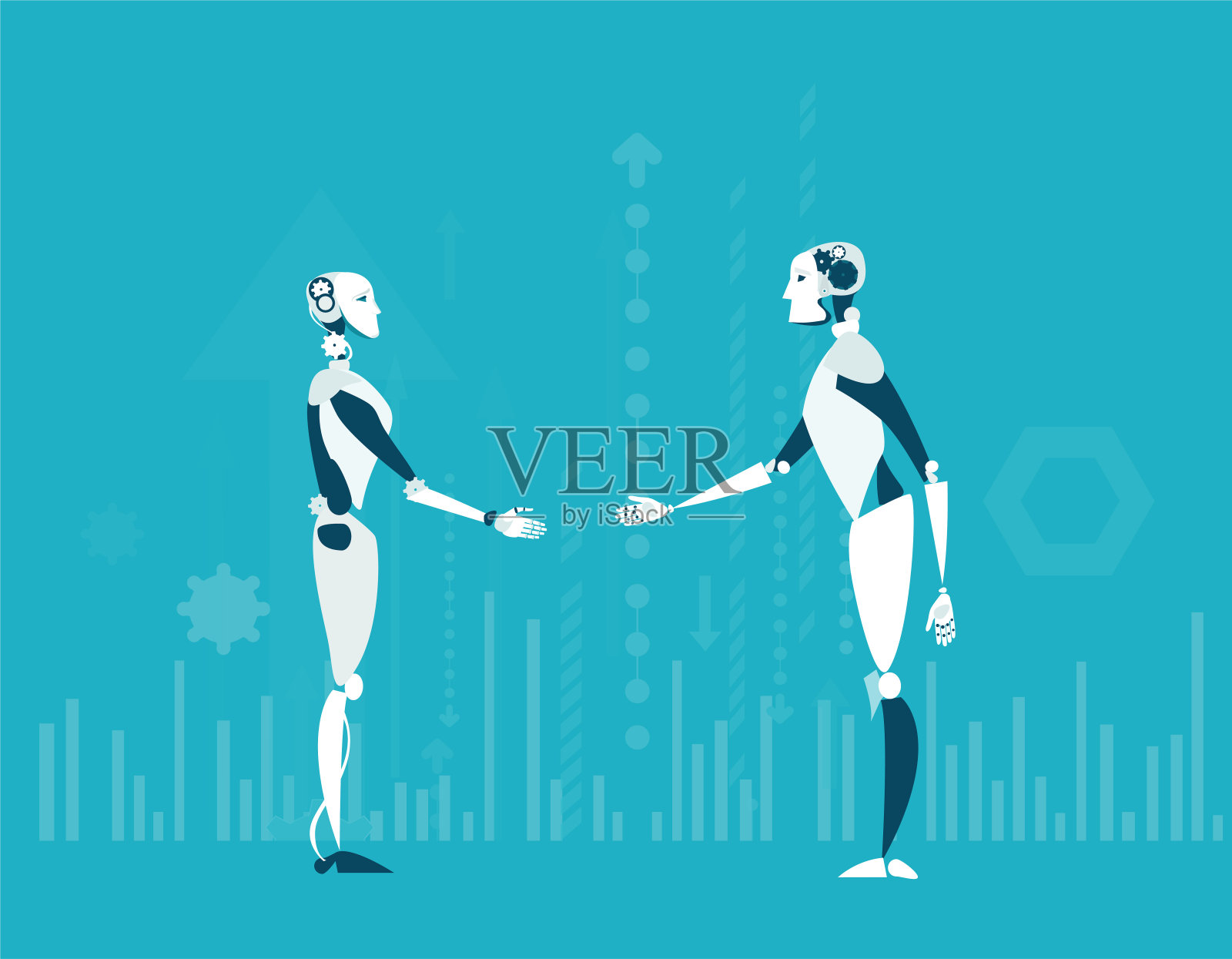 两个机器人会面，代表人工智能控制、决策和产生想法。插画图片素材