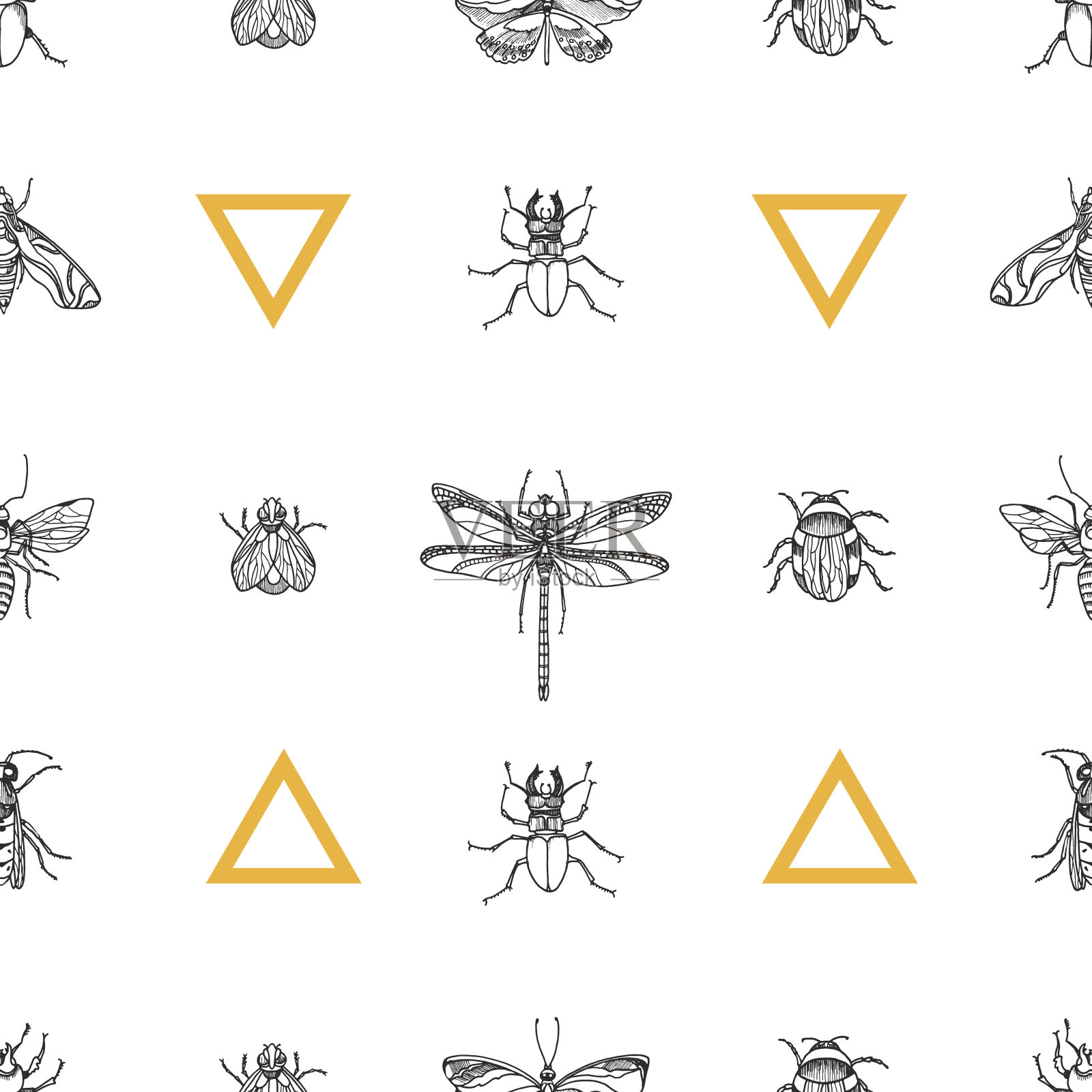蜻蜓。无缝花纹的昆虫。向量插画图片素材