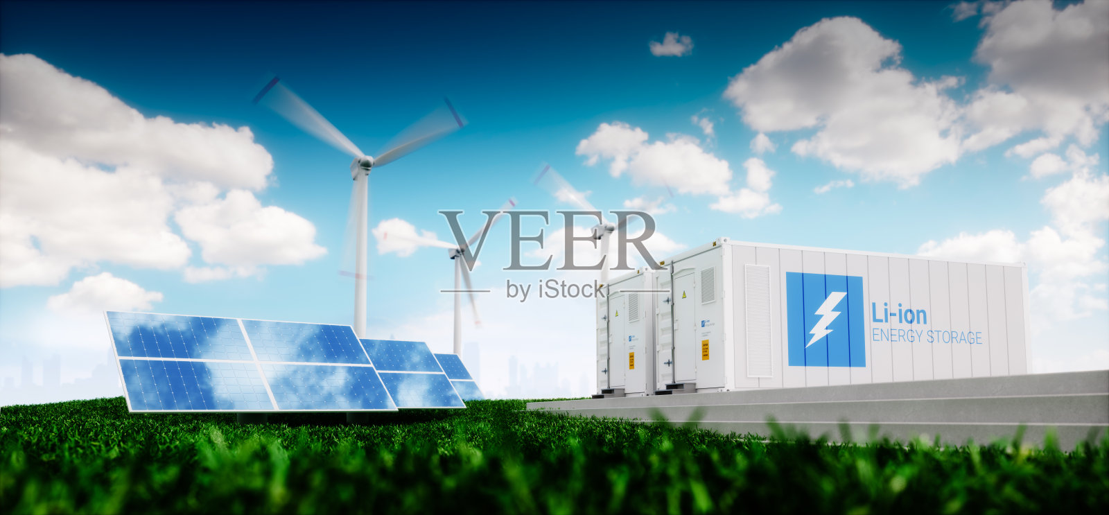 锂离子储能系统的概念。可再生能源-光伏，风力发电机和锂离子电池容器在新鲜的自然和遥远的模糊城市背景。3 d渲染。插画图片素材
