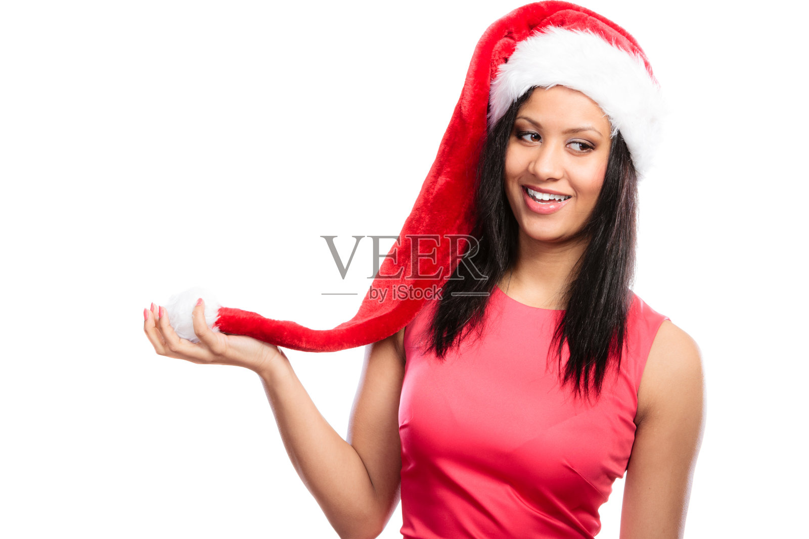 女人混合种族圣诞老人助手帽子肖像照片摄影图片