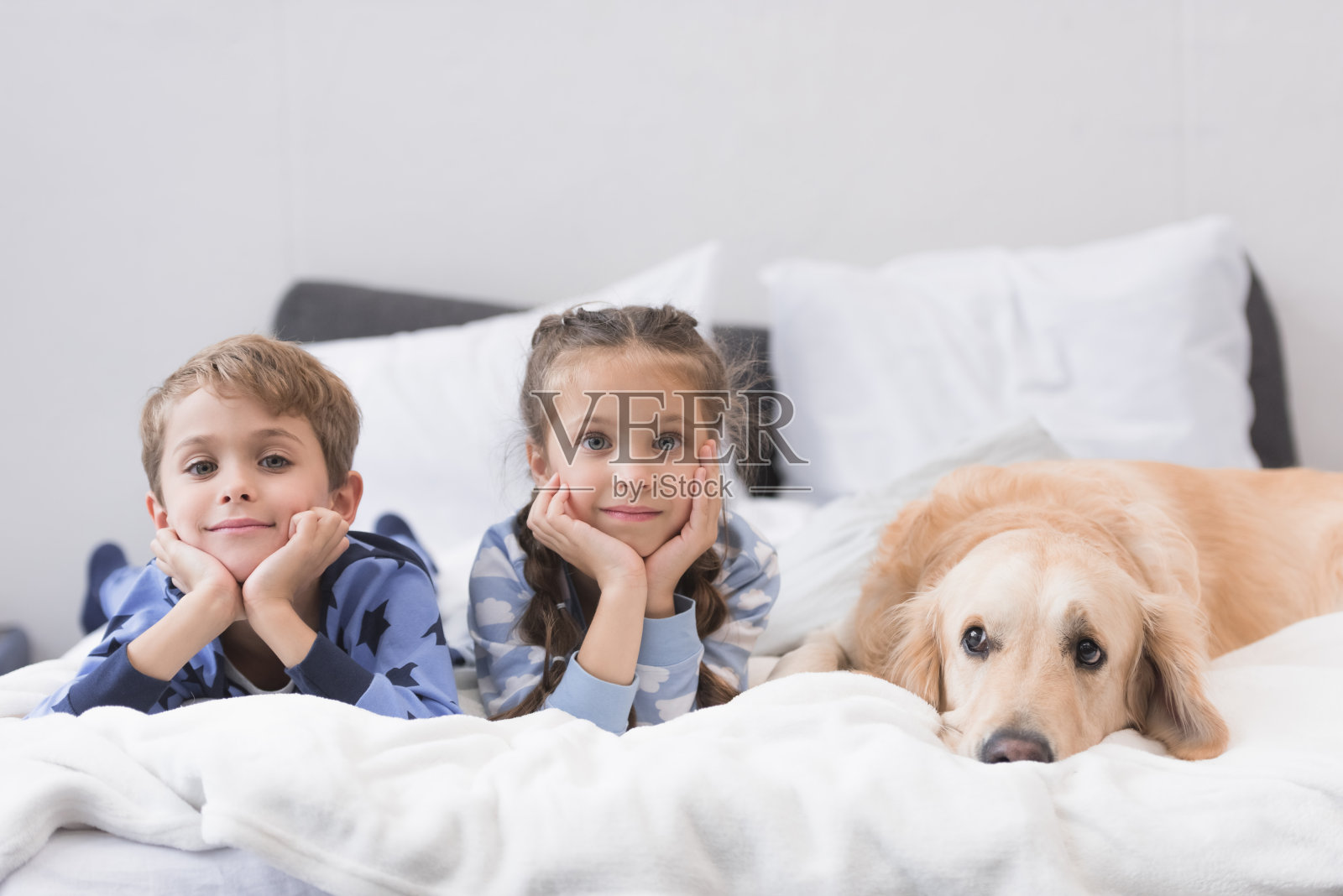 孩子和狗躺在床上照片摄影图片