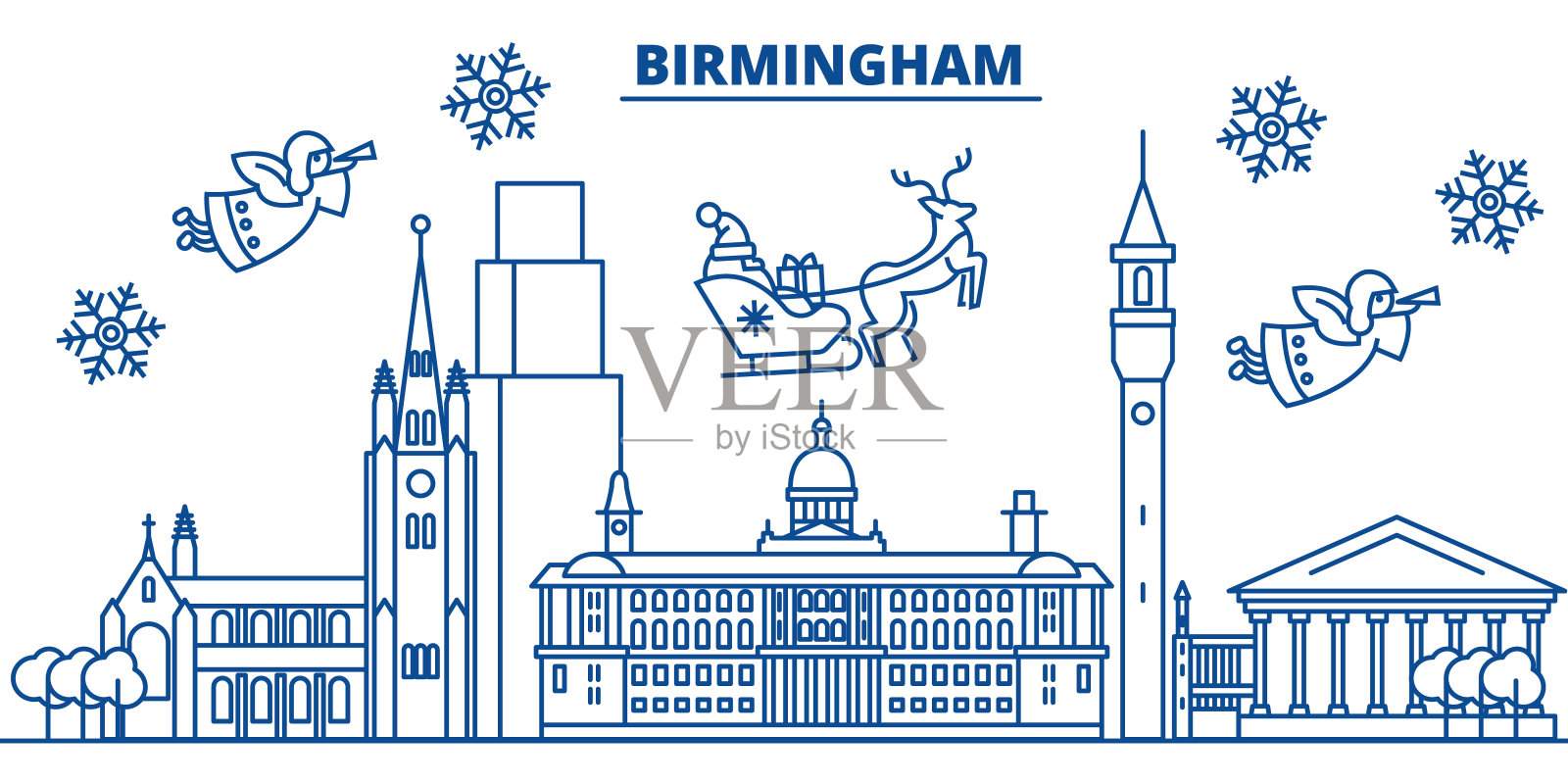 英国伯明翰冬季城市的天际线。圣诞快乐，新年快乐横幅上装饰着圣诞老人。冬季贺卡。平,轮廓向量。线形圣诞雪插画插画图片素材
