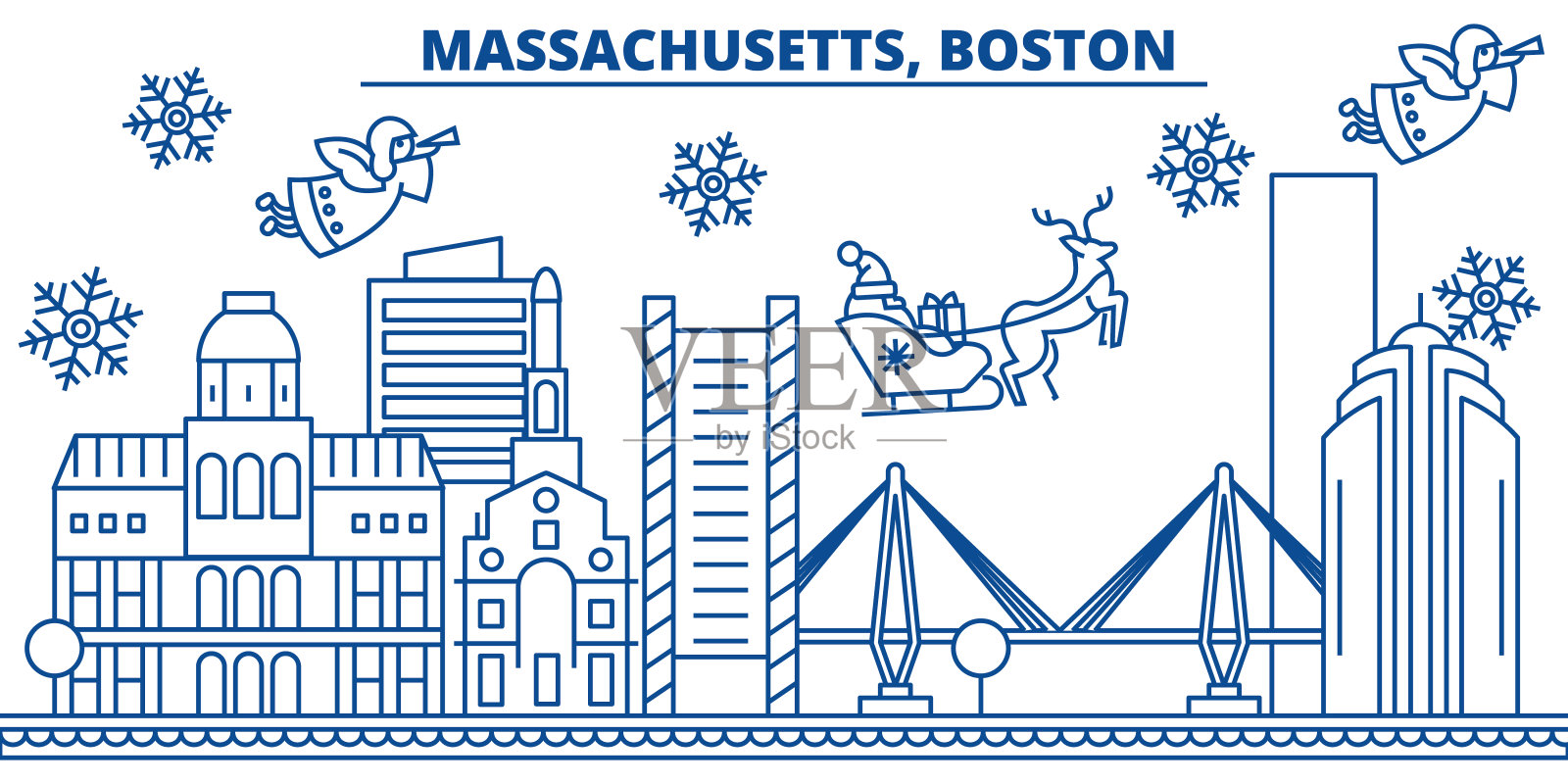 美国马萨诸塞州，波士顿冬季城市的天际线。圣诞快乐，新年快乐的横幅装饰。冬天的贺卡上有雪花和圣诞老人。平,行向量。线性圣诞插图插画图片素材