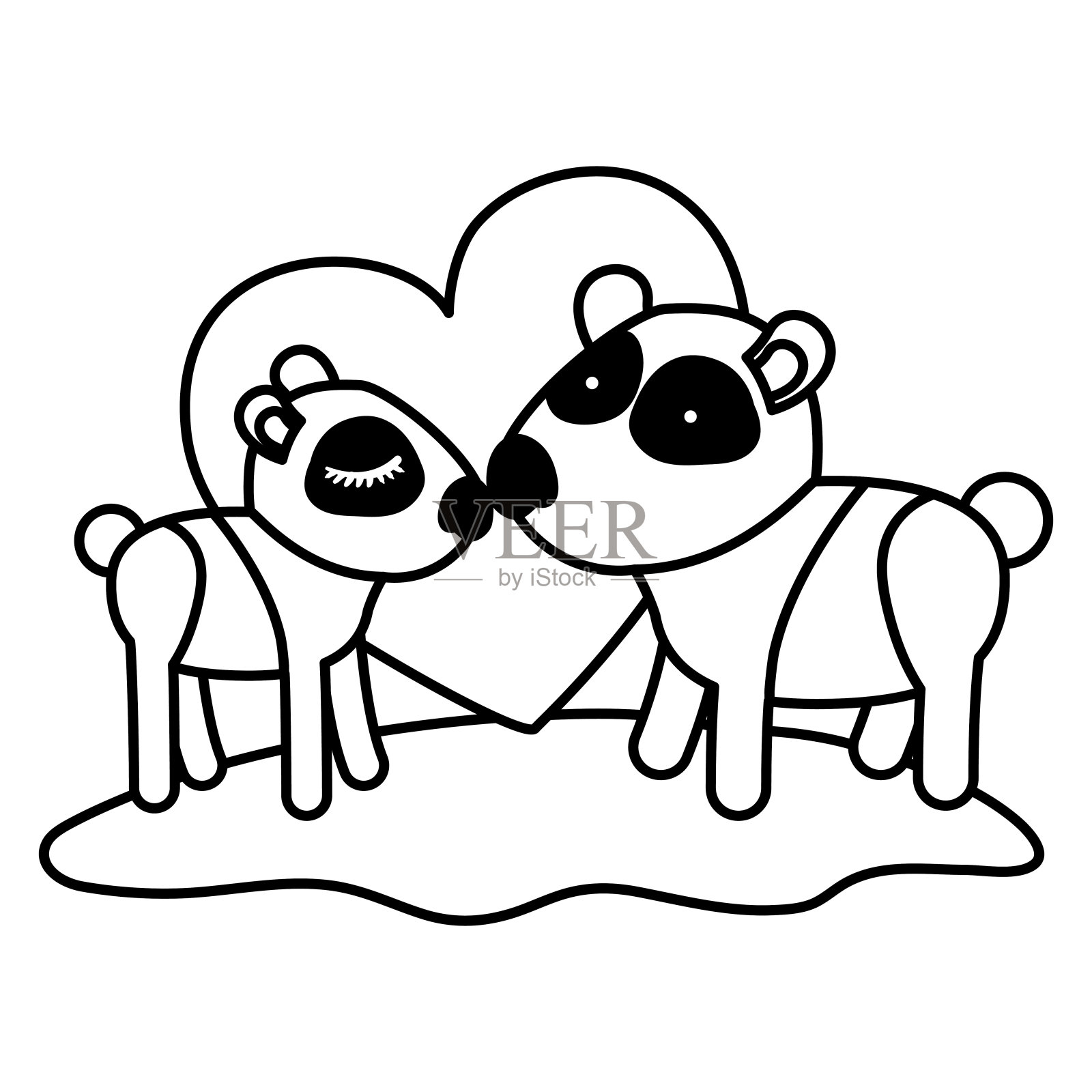熊猫夫妇在草地上的黑色部分剪影与心的背景插画图片素材