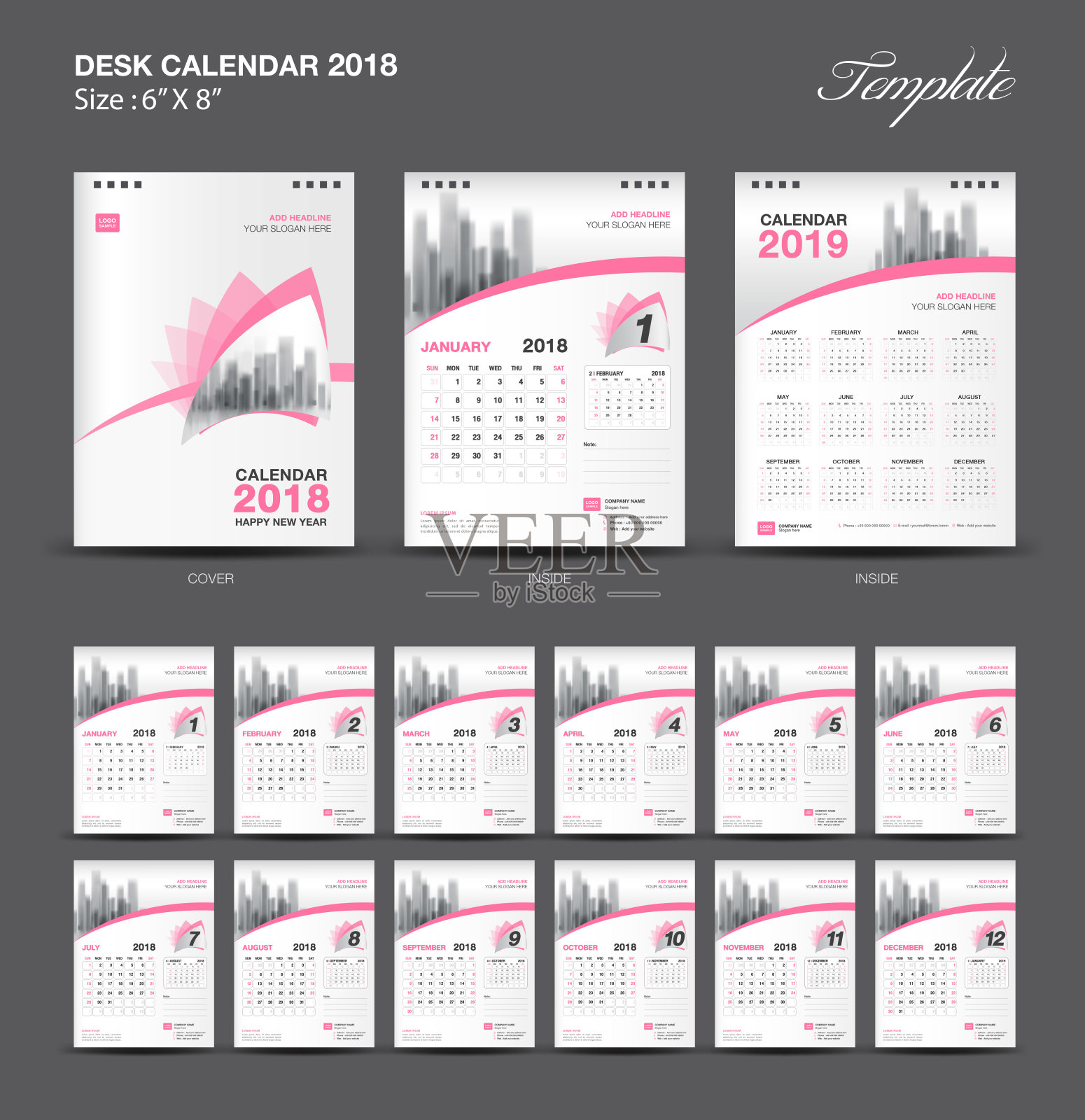 桌面日历2018年模板设计，粉红色封面，一套12个月，商业小册子传单布局，矢量插图设计模板素材
