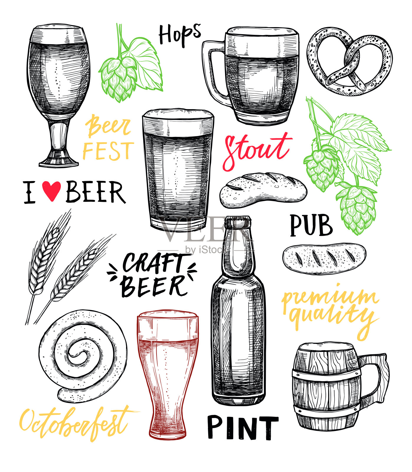 手绘矢量插图-十月啤酒节/啤酒节(麦芽，啤酒花，啤酒杯，瓶子，香肠，椒盐卷饼)。设计元素在雕刻风格与字母。完美的海报，打印，菜单插画图片素材