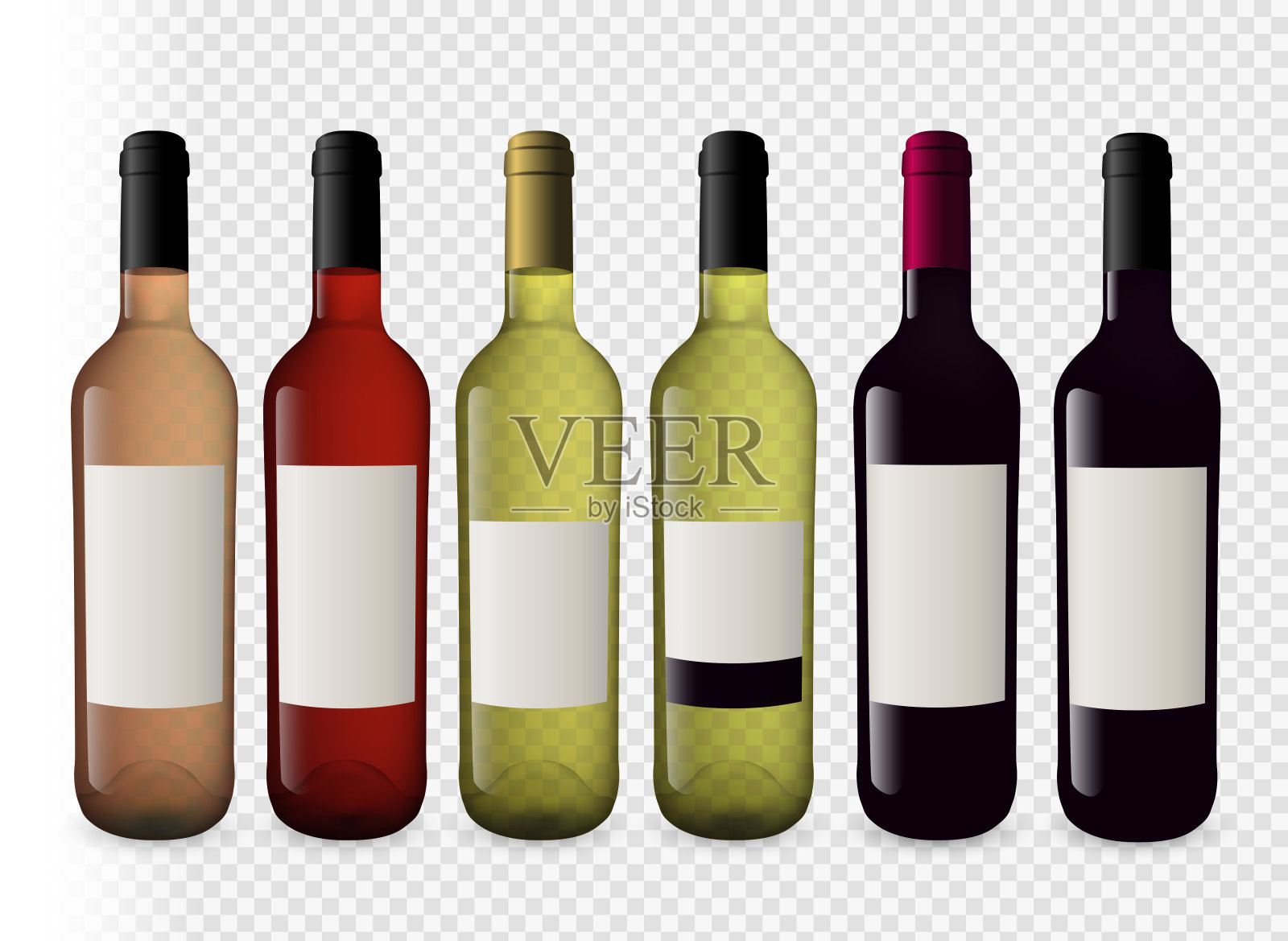 设置插图的酒瓶与透明的背景。红酒、白葡萄酒和rosé葡萄酒。不同颜色的插头。为你的设计做模型。矢量插图。设计元素图片
